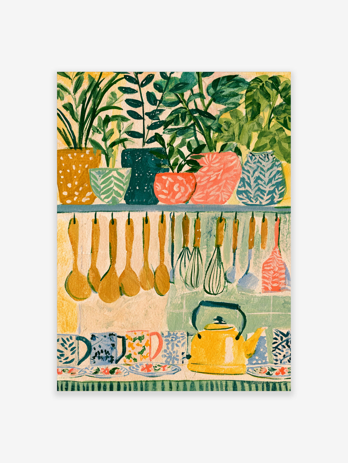 Botanical kitchen art print with potted plants, hanging spoons, yellow kettle and mugs