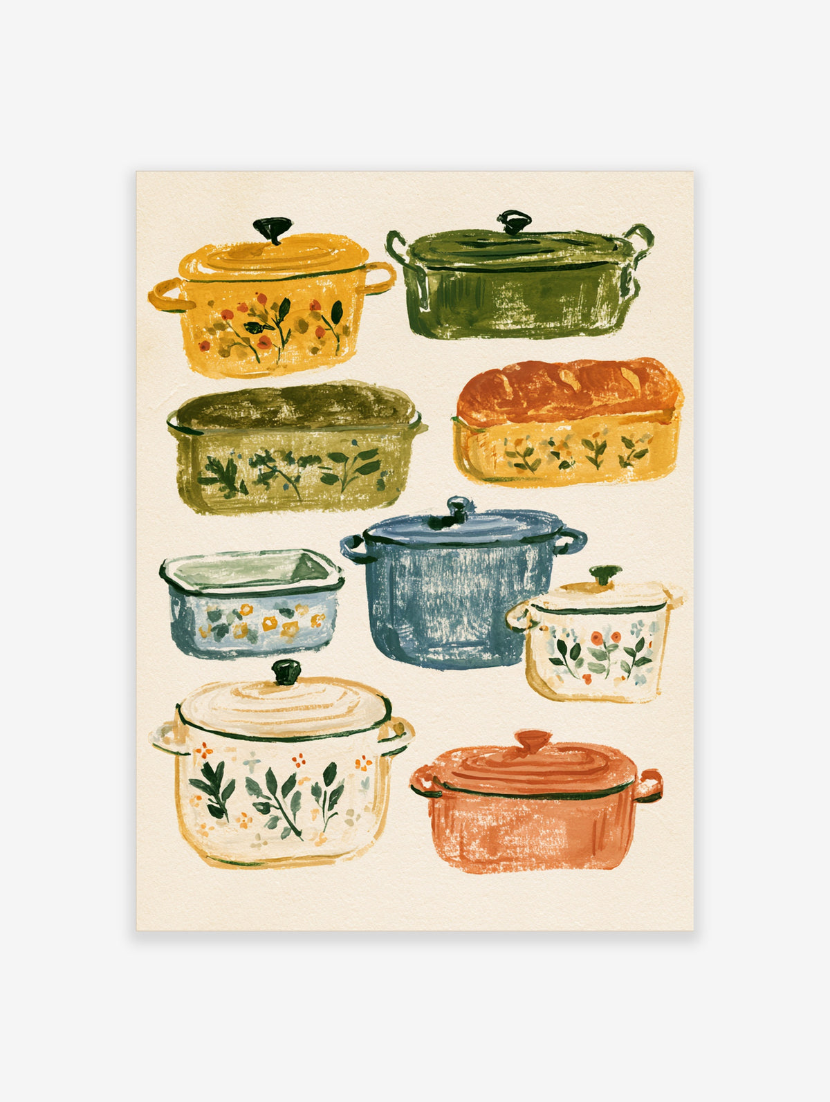 Colourful kitchen poster of hand-painted enamel pots, casseroles and bread on cream background