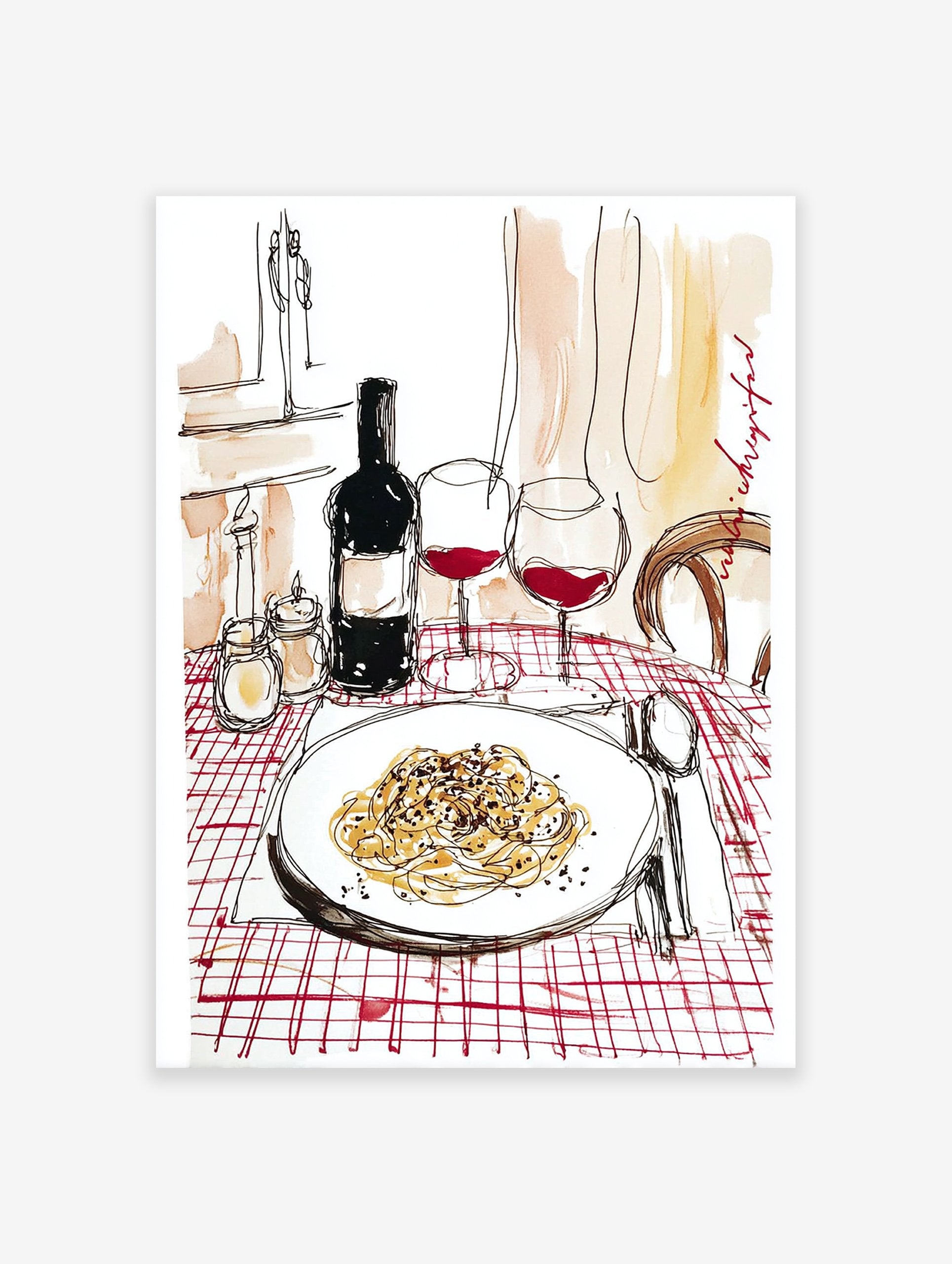 Watercolor illustration of an Italian dinner scene with pasta, red wine bottle, glasses, and checkered tablecloth, ideal Kitchen Wall Art.