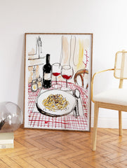 Watercolor illustration of an Italian dinner scene with pasta, red wine bottle, glasses, and checkered tablecloth, ideal Kitchen Wall Art. - Image 2