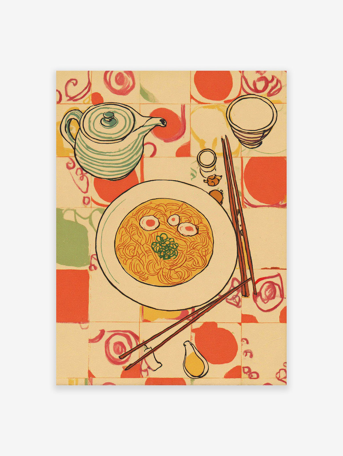 Illustrative kitchen wall art featuring a bowl of noodles, teapot, and chopsticks on a patterned tablecloth.
