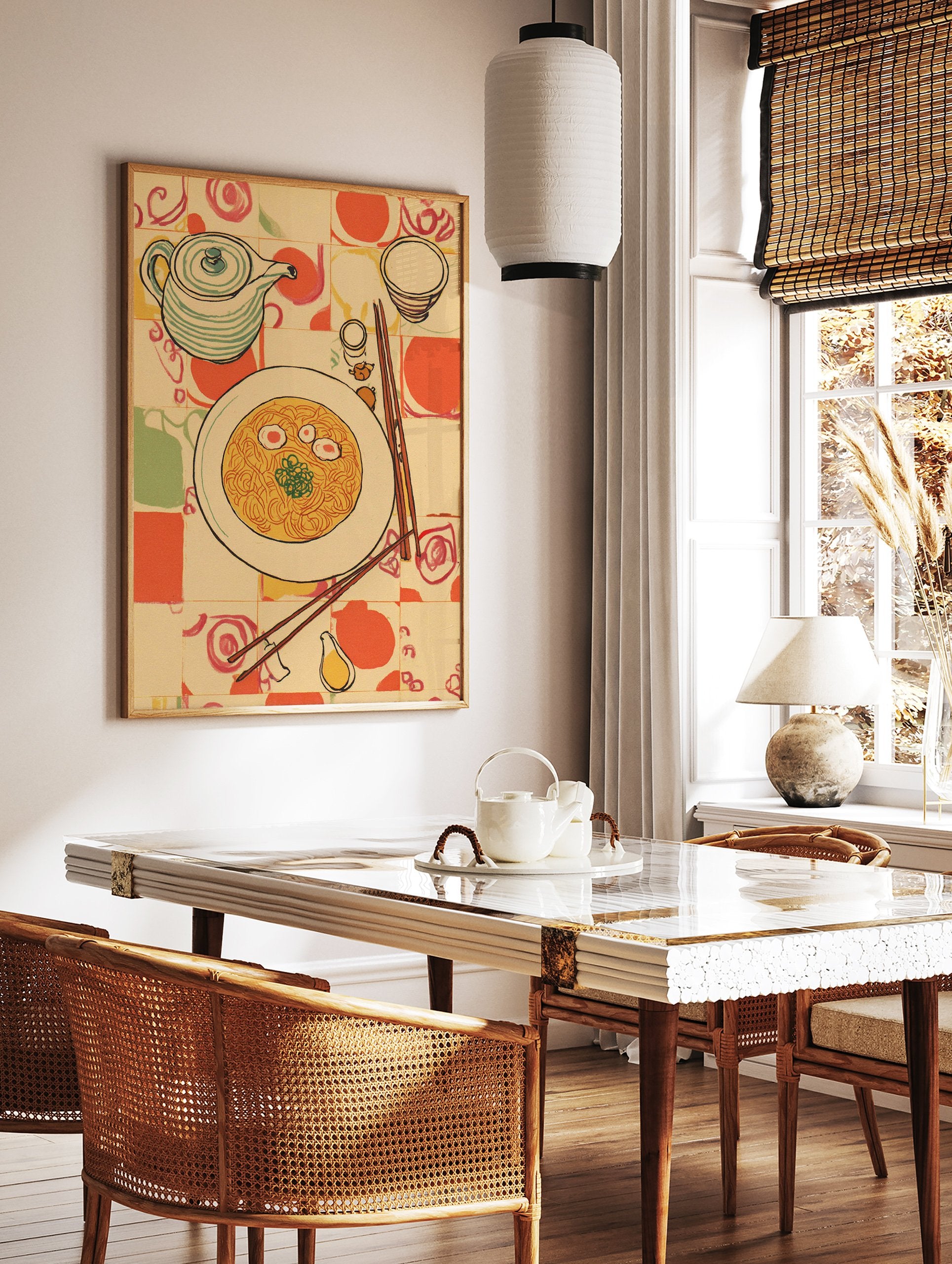 Illustrative kitchen wall art featuring a bowl of noodles, teapot, and chopsticks on a patterned tablecloth. - Image 2