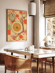 Illustrative kitchen wall art featuring a bowl of noodles, teapot, and chopsticks on a patterned tablecloth. - Image 2