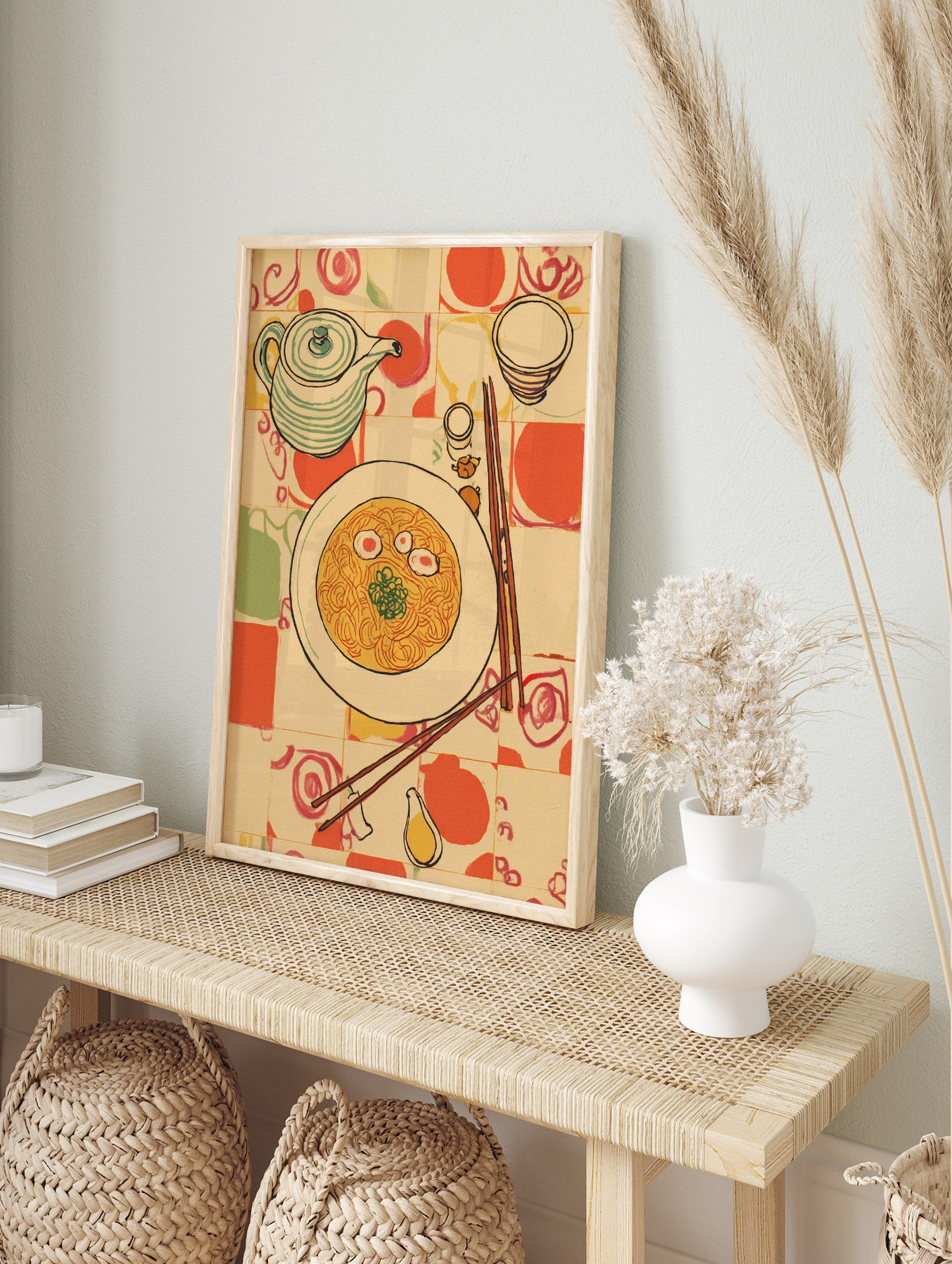Illustrative kitchen wall art featuring a bowl of noodles, teapot, and chopsticks on a patterned tablecloth. - Image 3