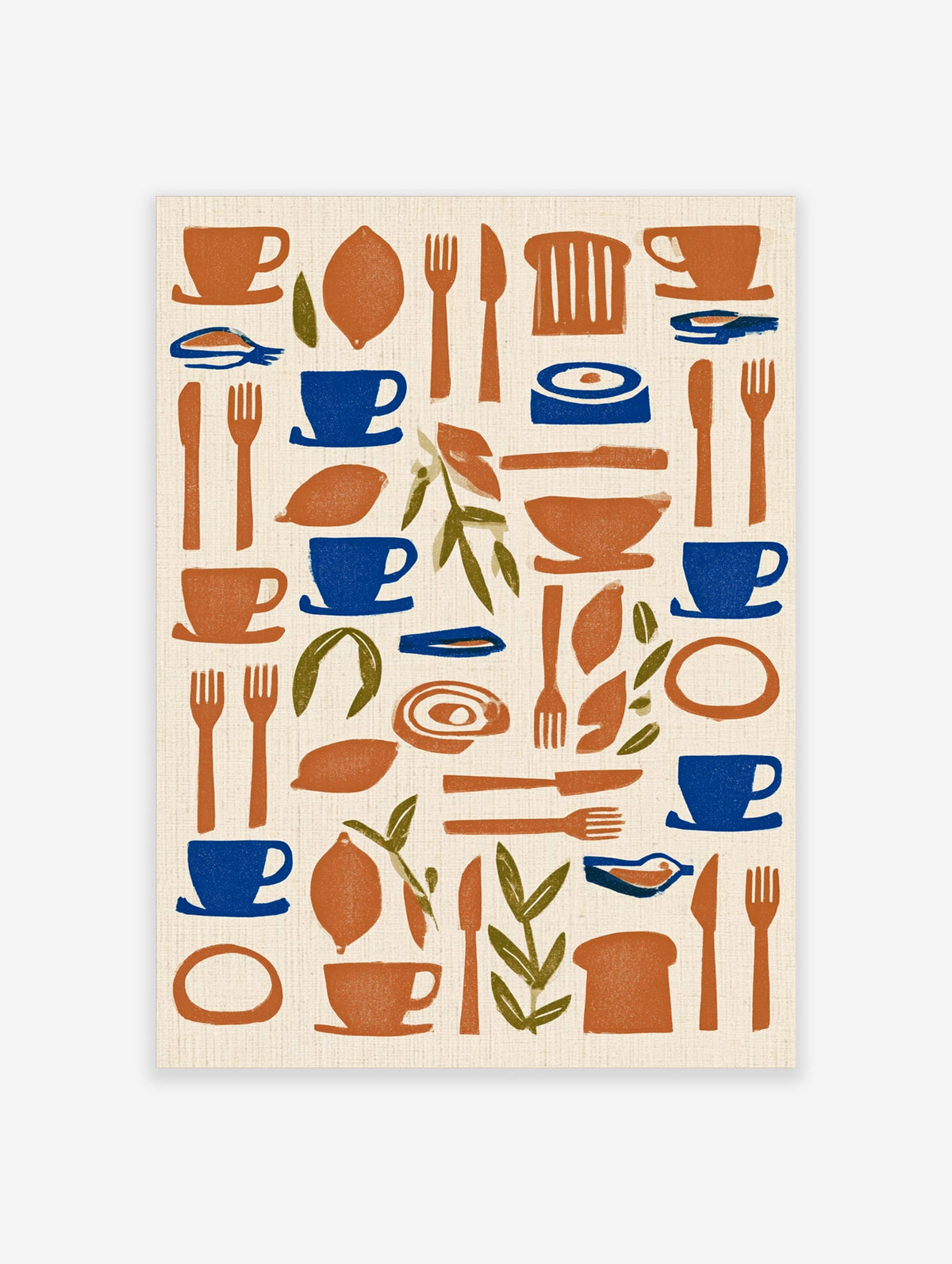 Terracotta and blue tableware poster with cups, lemons, cutlery, and bread on cream background