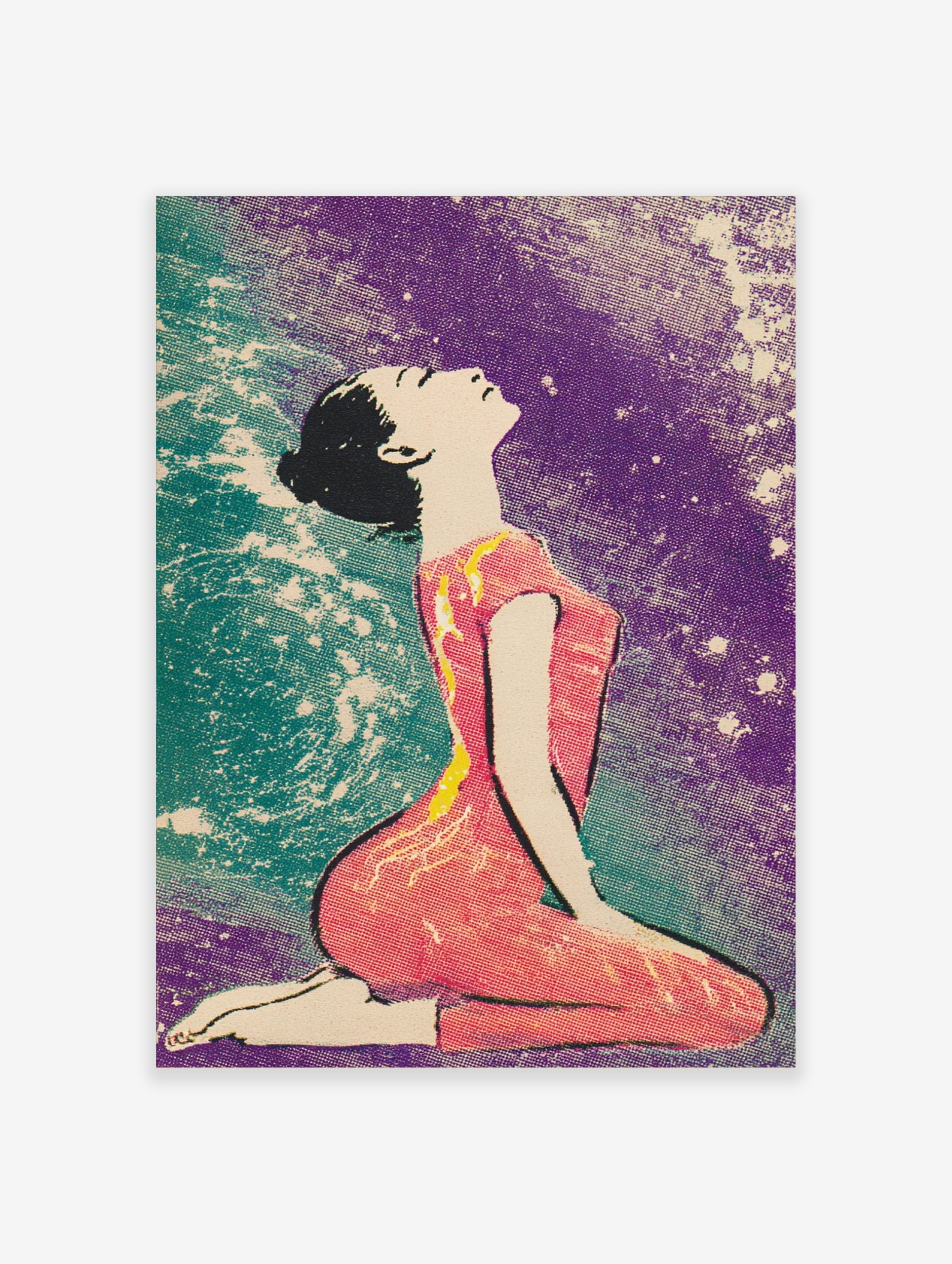 Illustrative print of a woman kneeling, looking up, with a pink outfit and a purple and teal stippled background