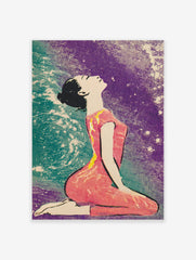 Illustrative print of a woman kneeling, looking up, with a pink outfit and a purple and teal stippled background