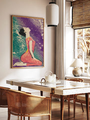 Illustrative print of a woman kneeling, looking up, with a pink outfit and a purple and teal, in a styled room mockup