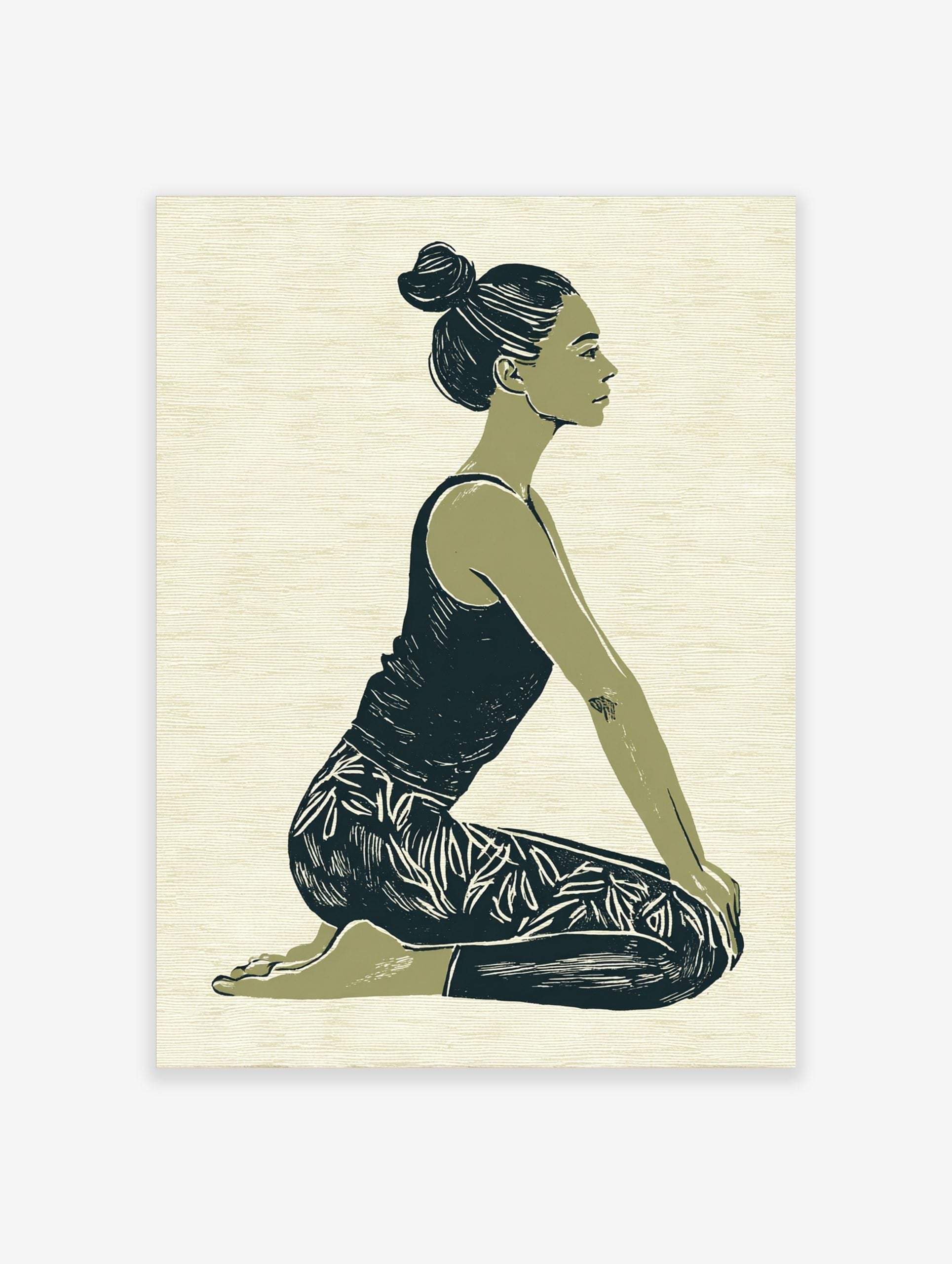 Illustrative print of a woman in a kneeling yoga pose, green and navy palette on textured beige background