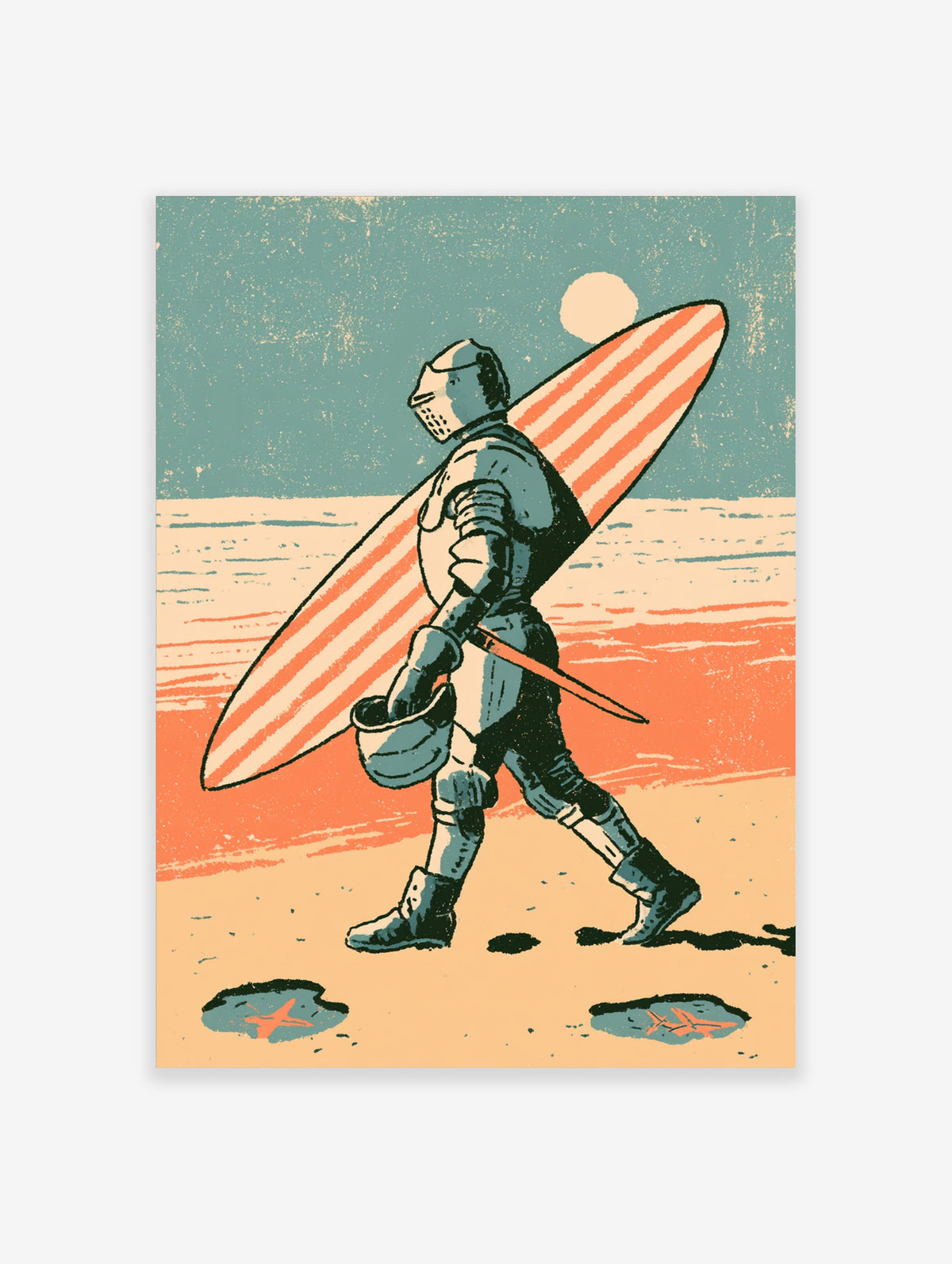 Knight in armour carrying a striped surfboard and helmet on a sandy beach with starfish and a pale sun