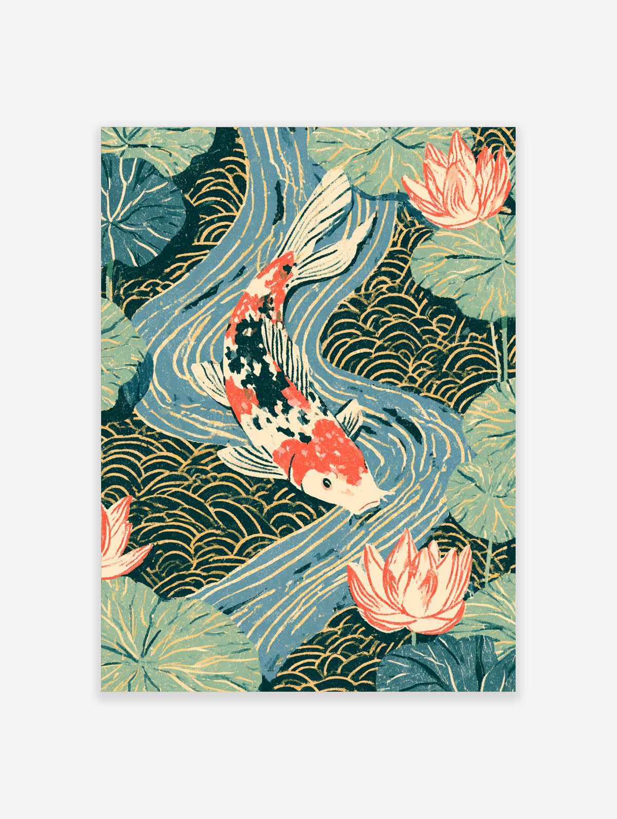 Koi carp art print with red and black fish swimming through blue water, green lily pads and pink lotus flowers