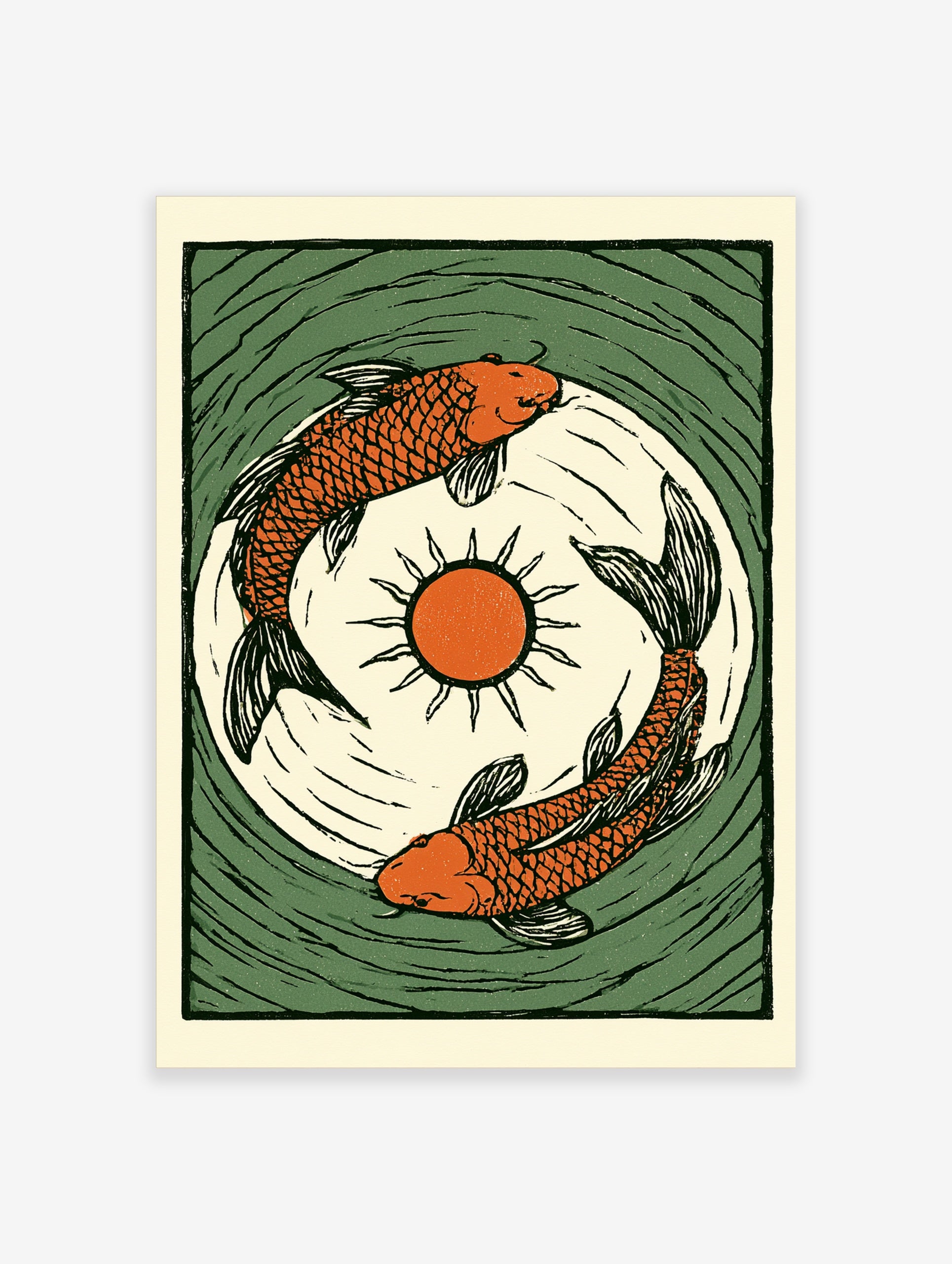 Illustrative orange koi carp fish print with central sun and green water ripples in a woodcut style on paper