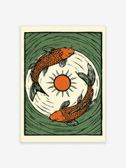 Illustrative orange koi carp fish print with central sun and green water ripples in a woodcut style on paper