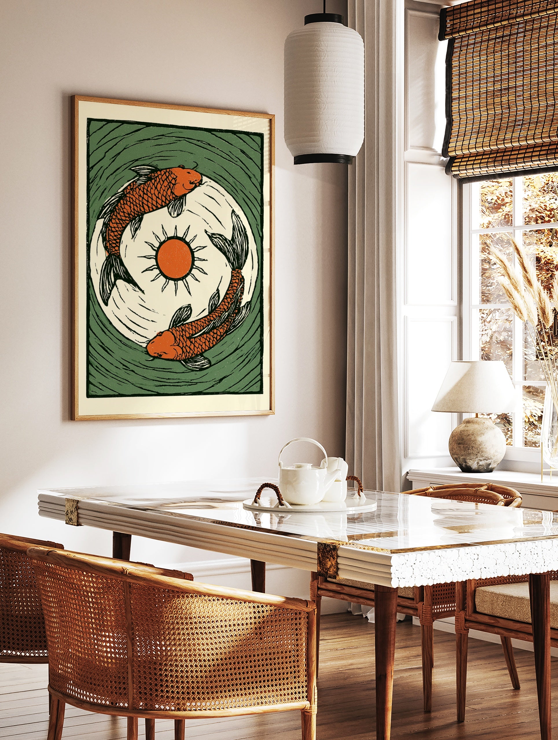 Illustrative orange koi carp fish print with central sun and green water ripples in a woodcut style, in a styled room mockup
