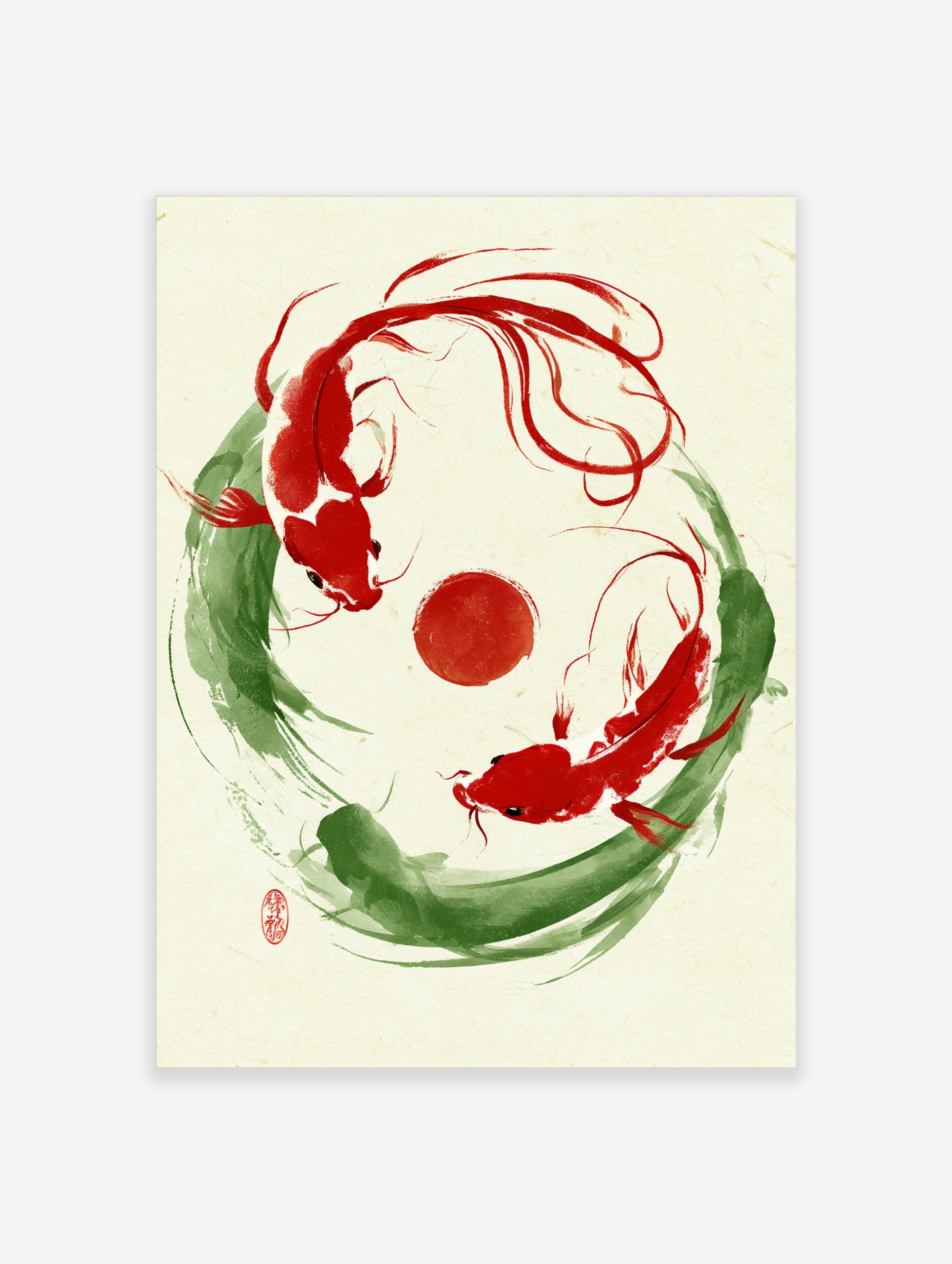 Japanese ink style koi carp wall art with two red fish in a circular green brushstroke frame on cream paper