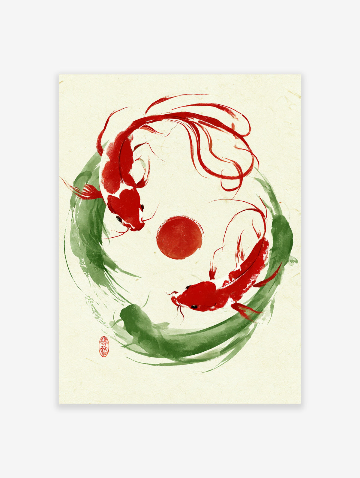 Japanese ink style koi carp wall art with two red fish in a circular green brushstroke frame on cream paper