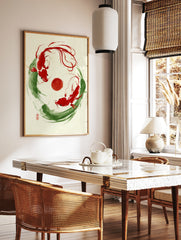Japanese ink style koi carp wall art with two red fish in a circular green brushstroke frame on, in a styled room mockup