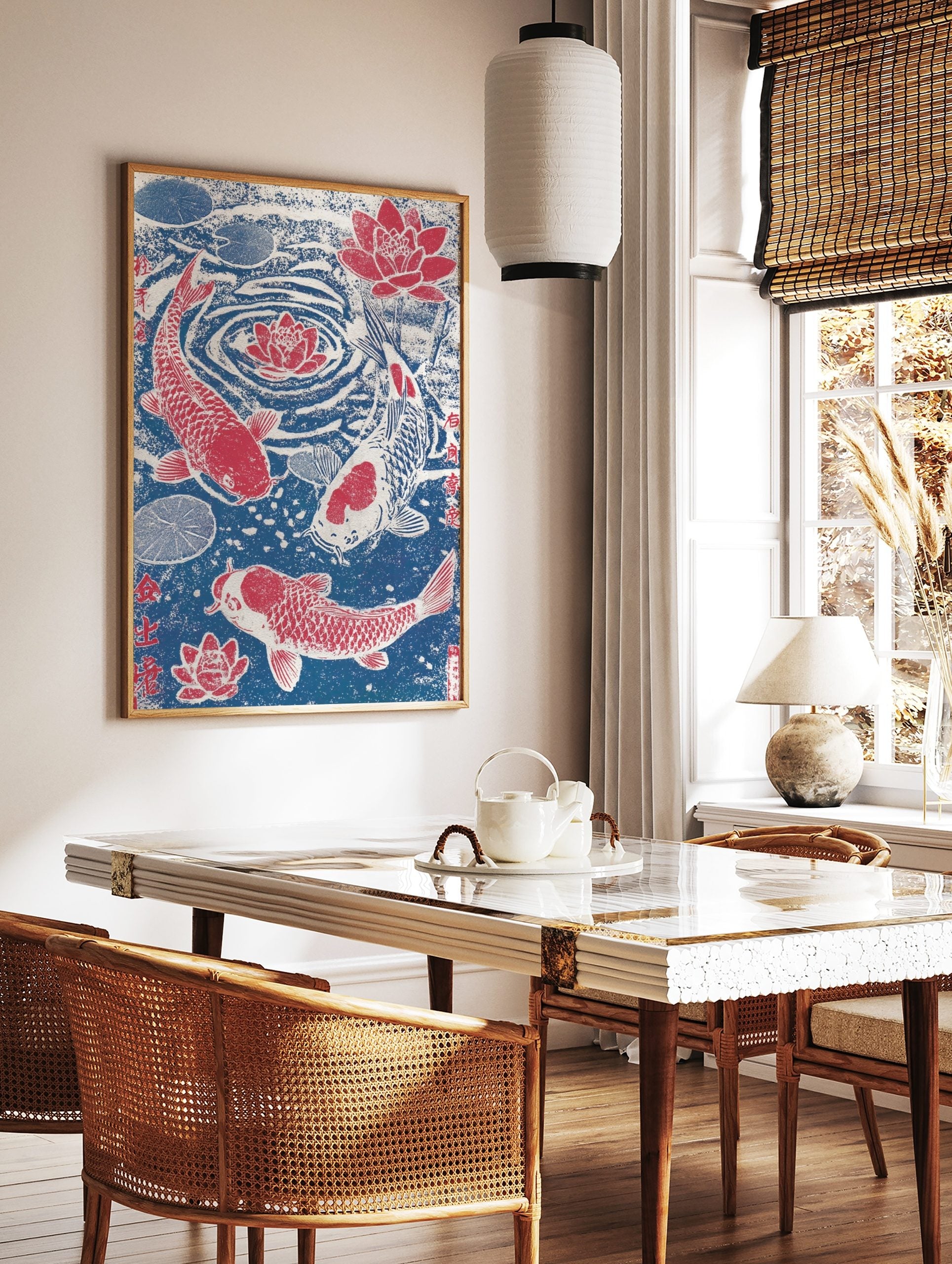 Japanese woodblock style print of three red and white koi fish swimming with red lotus flowers in a, in a styled room mockup