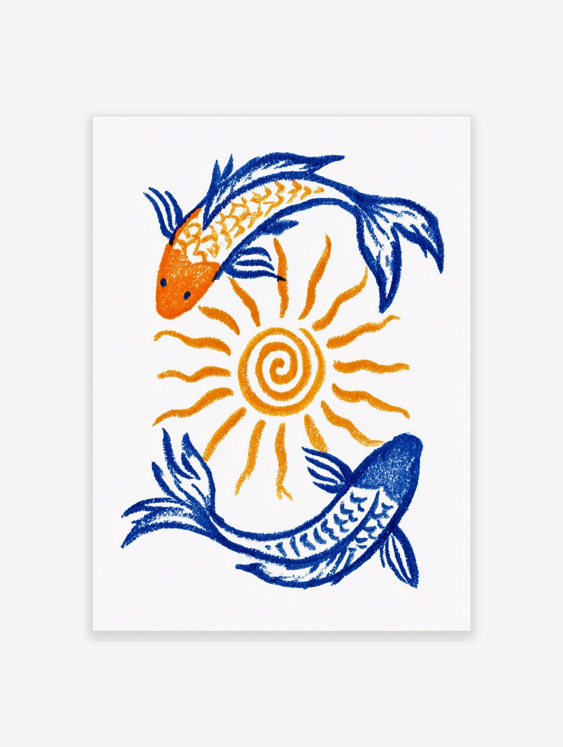 Illustrative art print featuring two koi fish in orange and blue circling a central sun on a white background