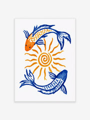 Illustrative art print featuring two koi fish in orange and blue circling a central sun on a white background
