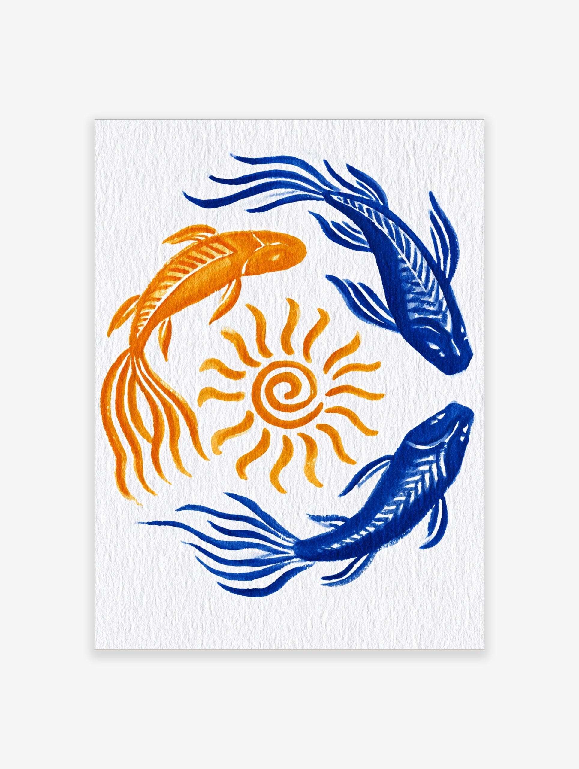 Illustrative koi fish in blue and orange swimming in a circle around a yellow sun on white background art print