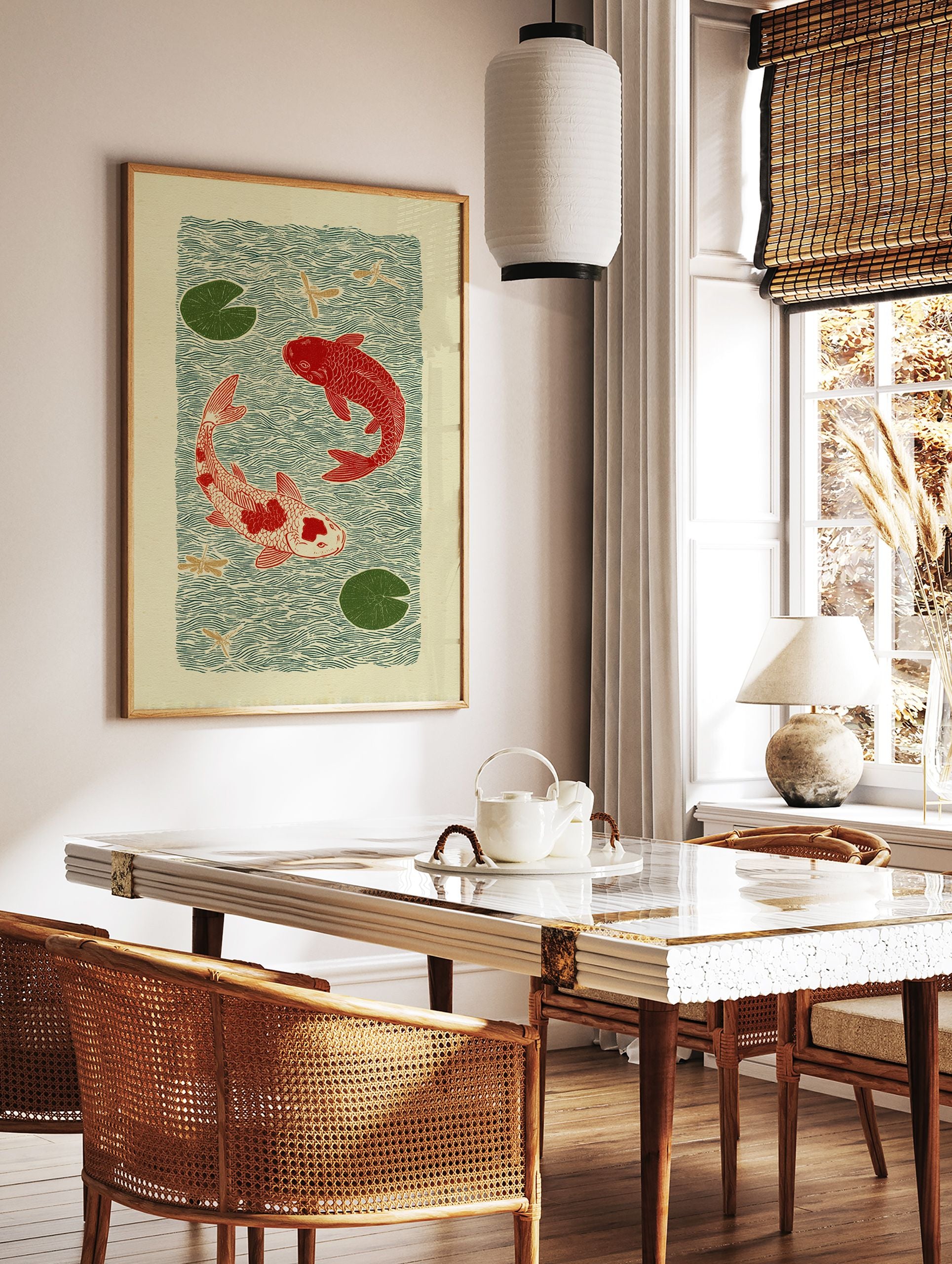 Japanese style Koi Fish Pond poster with two red koi, green lily pads, and dragonflies on a light background. - Image 2