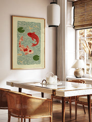 Japanese style Koi Fish Pond poster with two red koi, green lily pads, and dragonflies on a light background. - Image 2