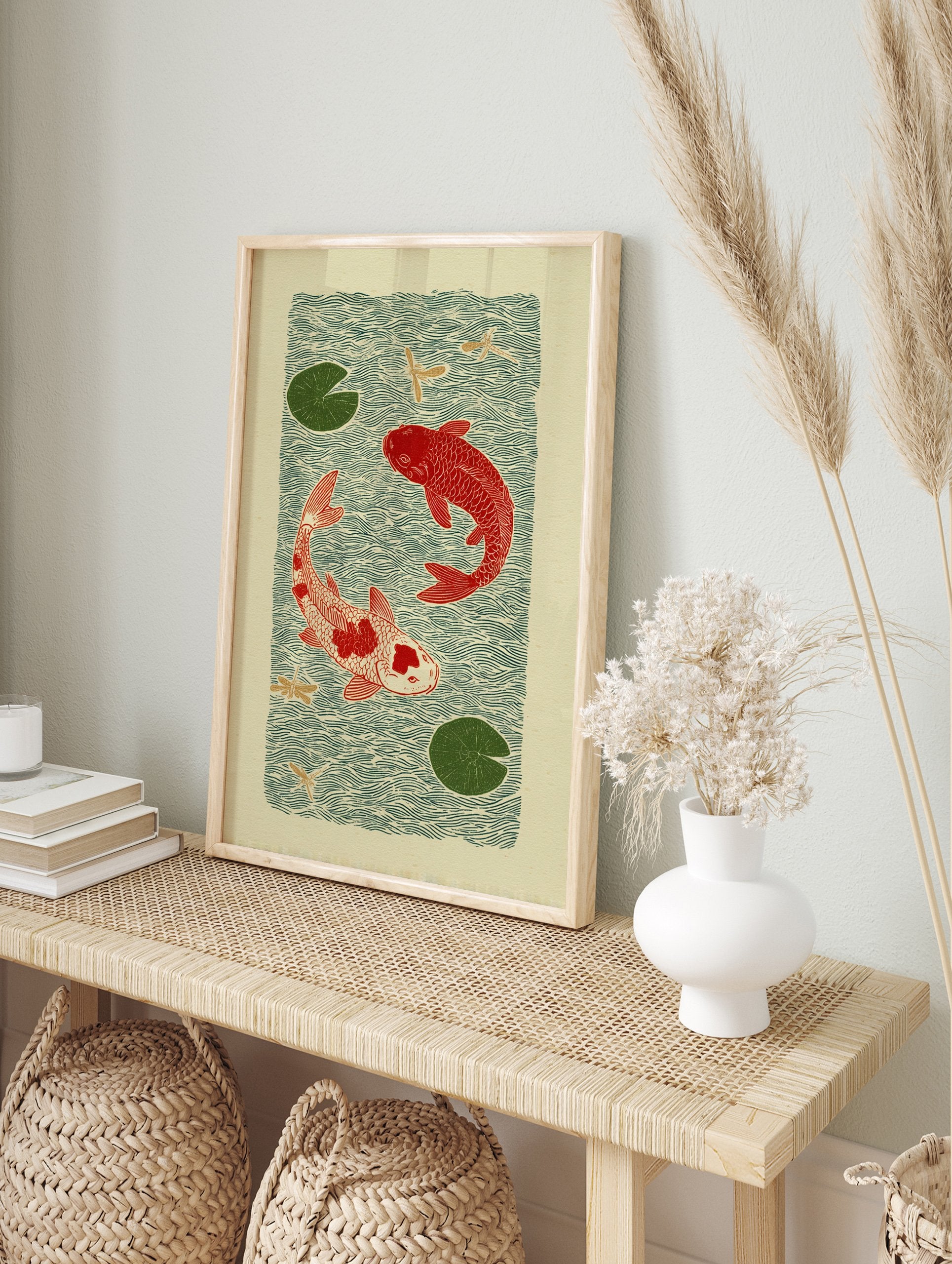 Japanese style Koi Fish Pond poster with two red koi, green lily pads, and dragonflies on a light background. - Image 4