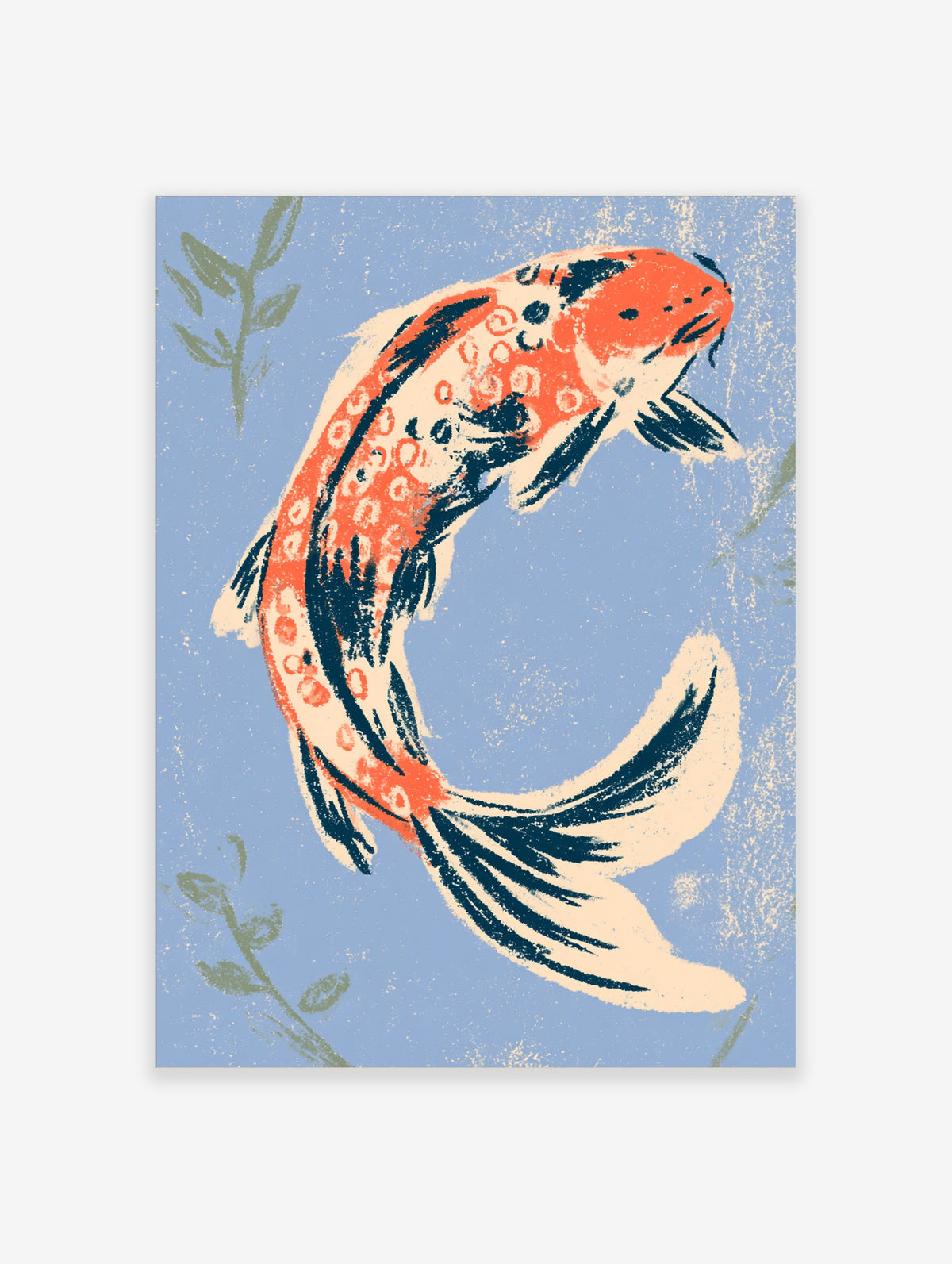 Orange and navy koi fish art print curving upward on a blue background with cream spots and green leaves