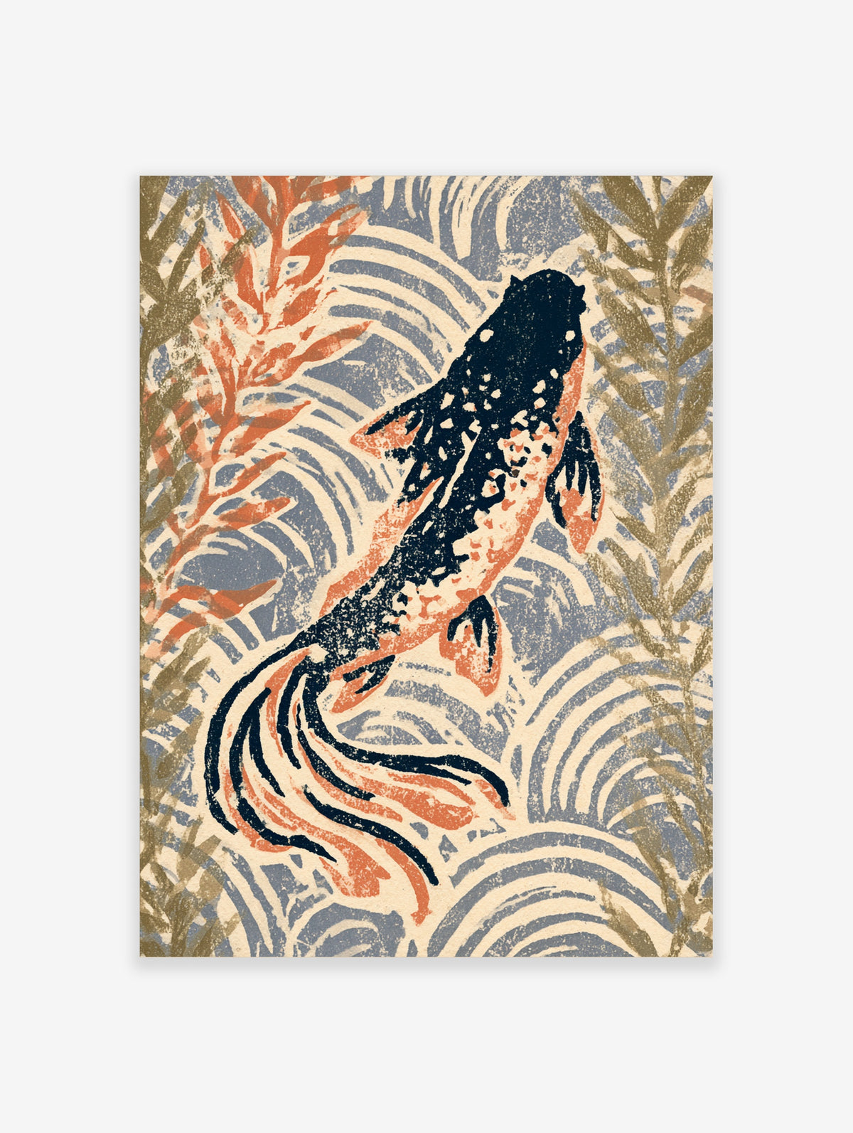 Koi fish art print with dark blue and orange body, flowing fins, and blue water ripples