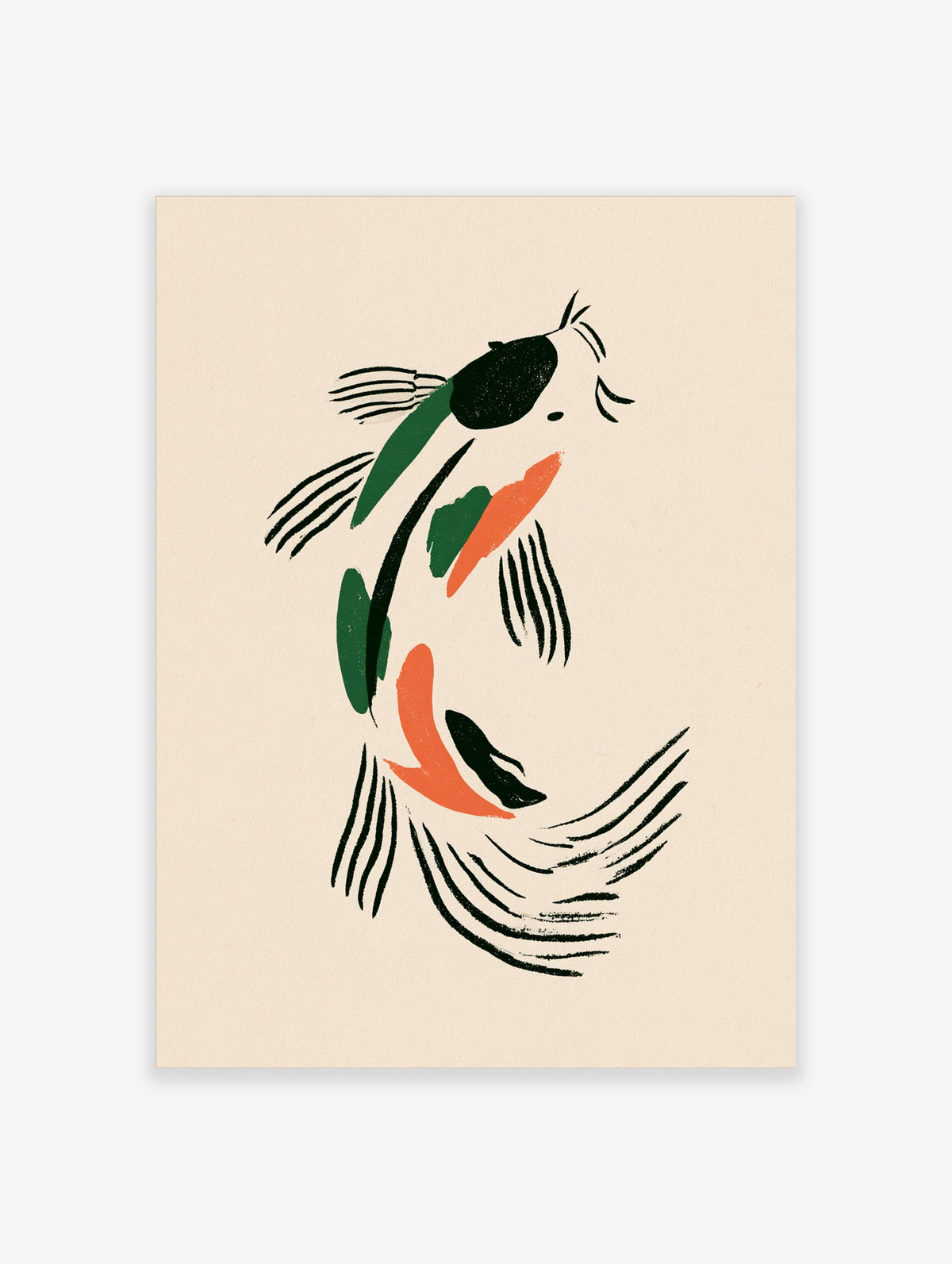 Koi fish art print with black, green, and orange brushstrokes on a beige background