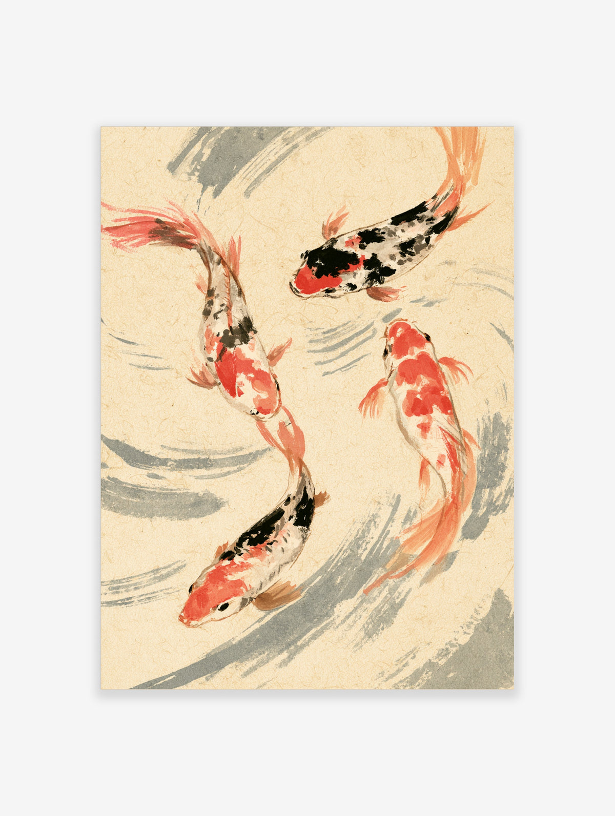 Four koi fish in red, black, and white swim among grey brushstrokes on a cream background