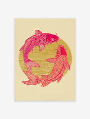 Pink and gold Koi Fish Poster with two fish forming a circle, Japanese art print style on a cream background.