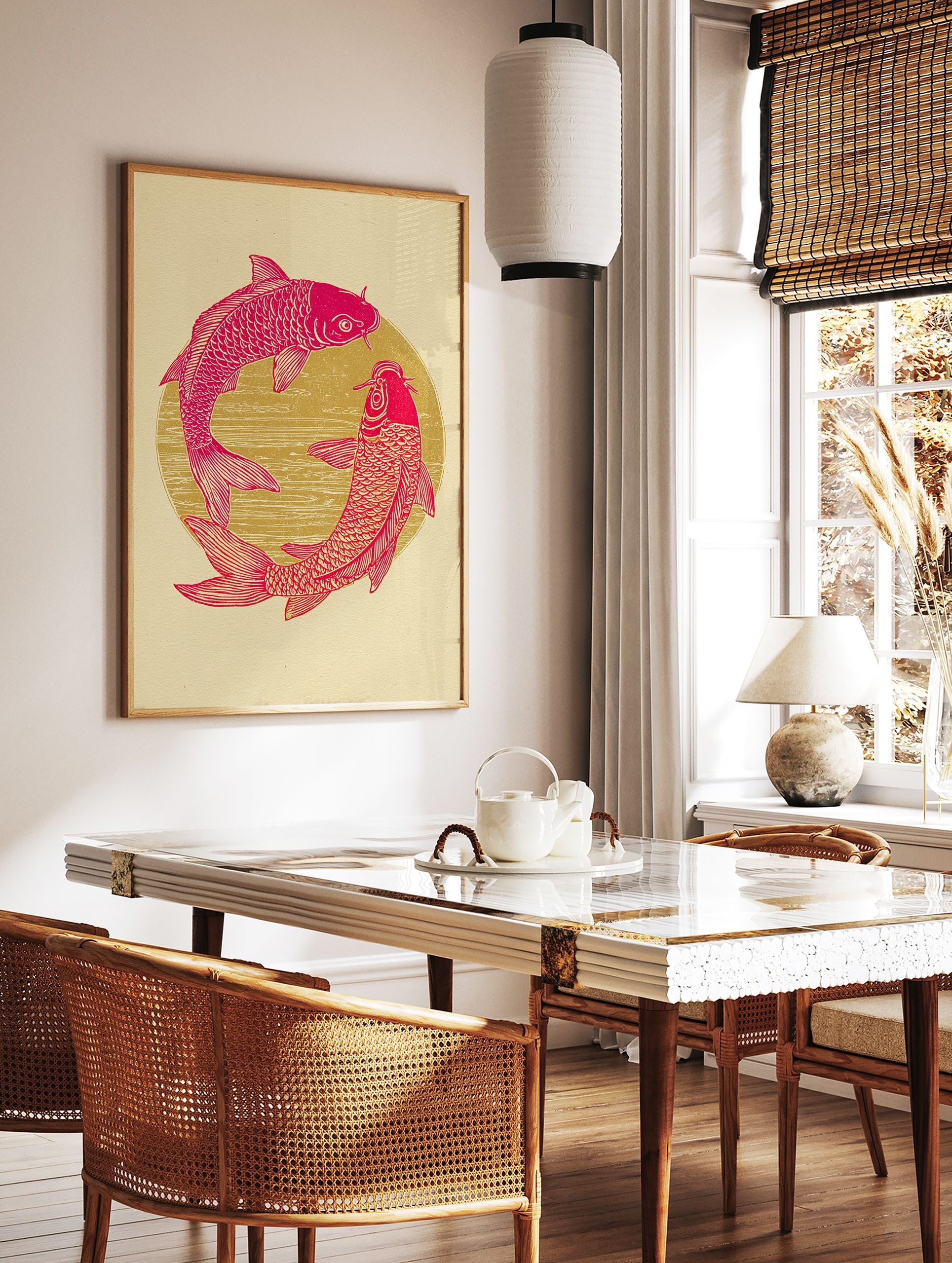 Pink and gold Koi Fish Poster with two fish forming a circle, Japanese art print style on a cream background. - Image 2