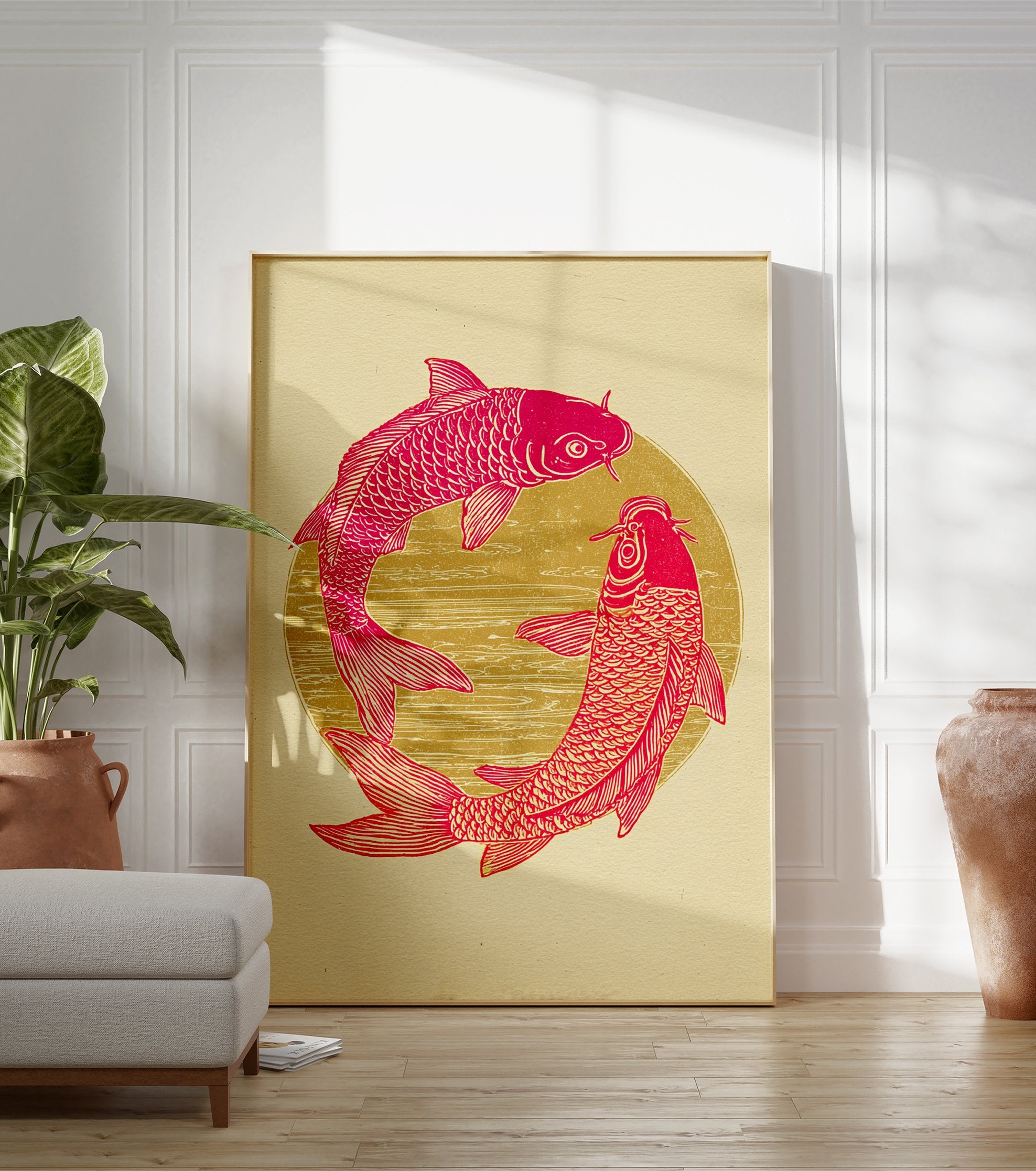 Pink and gold Koi Fish Poster with two fish forming a circle, Japanese art print style on a cream background. - Image 3