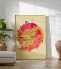 Pink and gold Koi Fish Poster with two fish forming a circle, Japanese art print style on a cream background. - Image 3