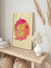 Pink and gold Koi Fish Poster with two fish forming a circle, Japanese art print style on a cream background. - Image 4