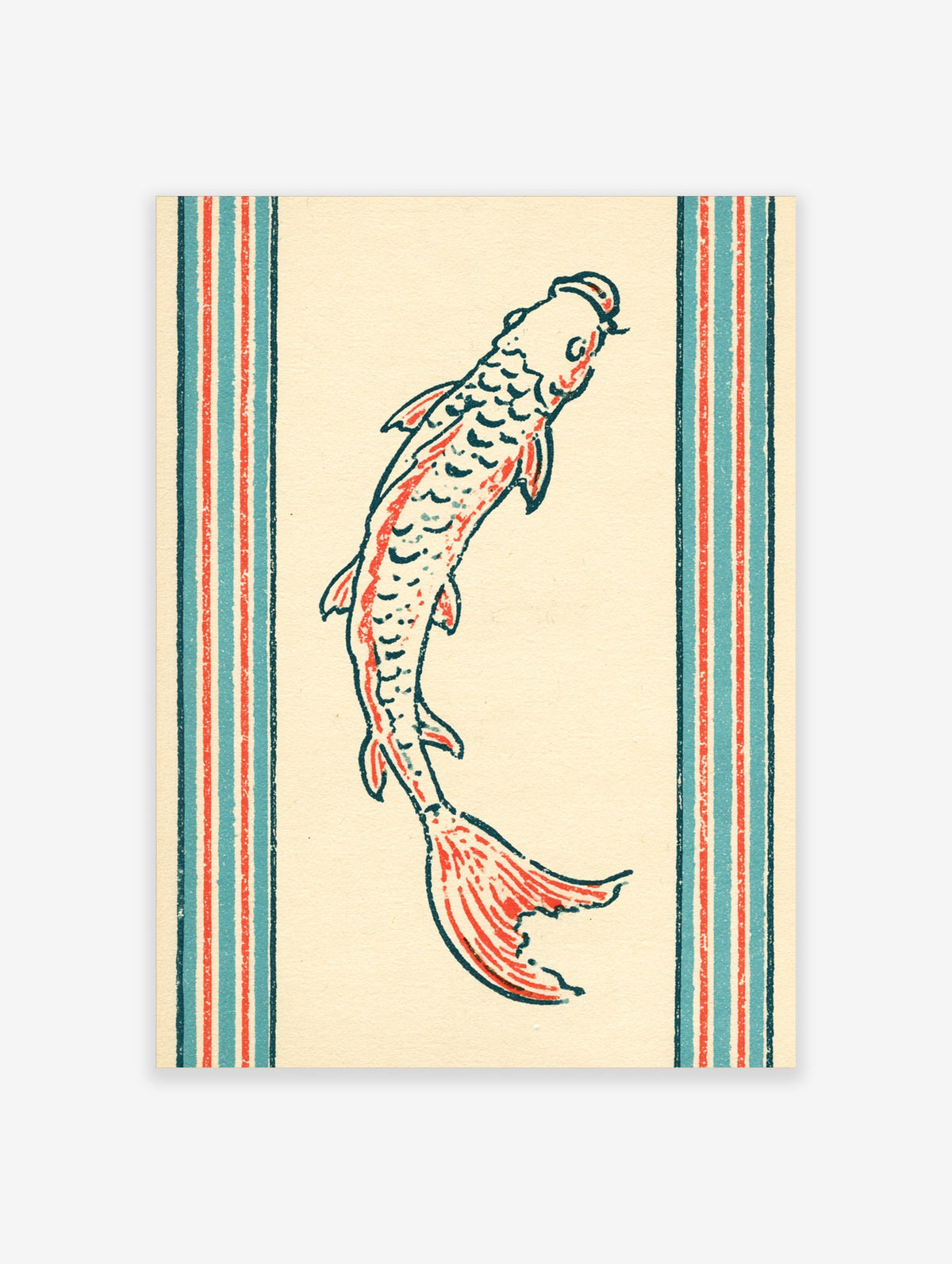 Koi fish art print with red and cream carp on striped background
