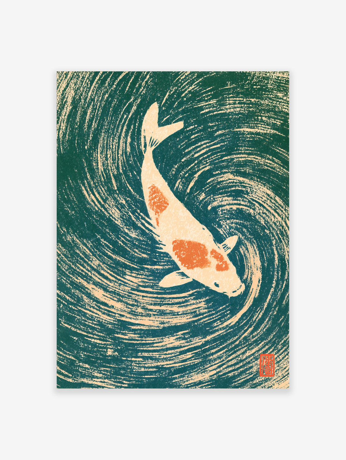 Koi fish poster with cream and orange carp swimming through green swirling water