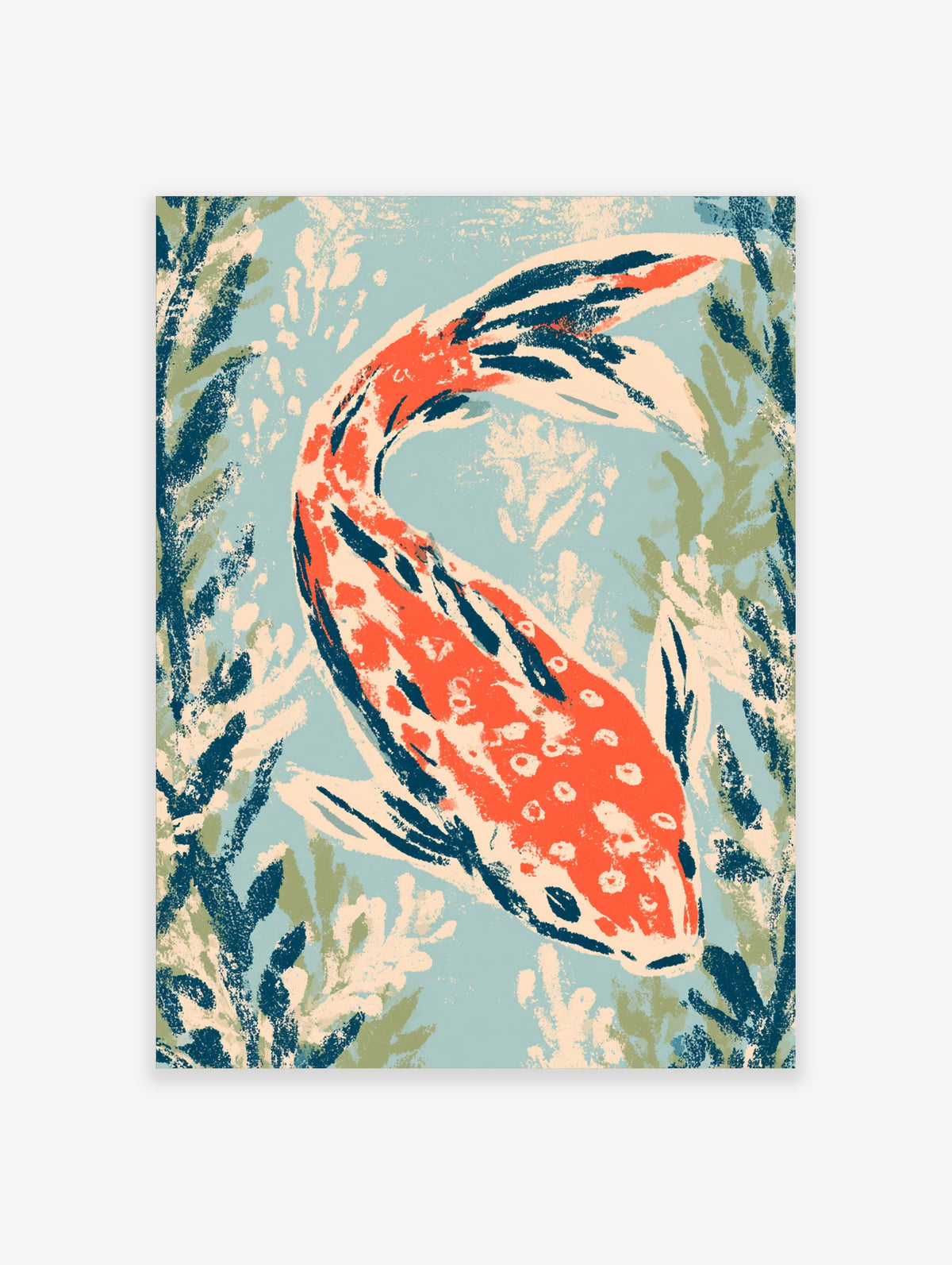 Orange and white koi fish art print with dark blue fins and cream spots on pale blue background