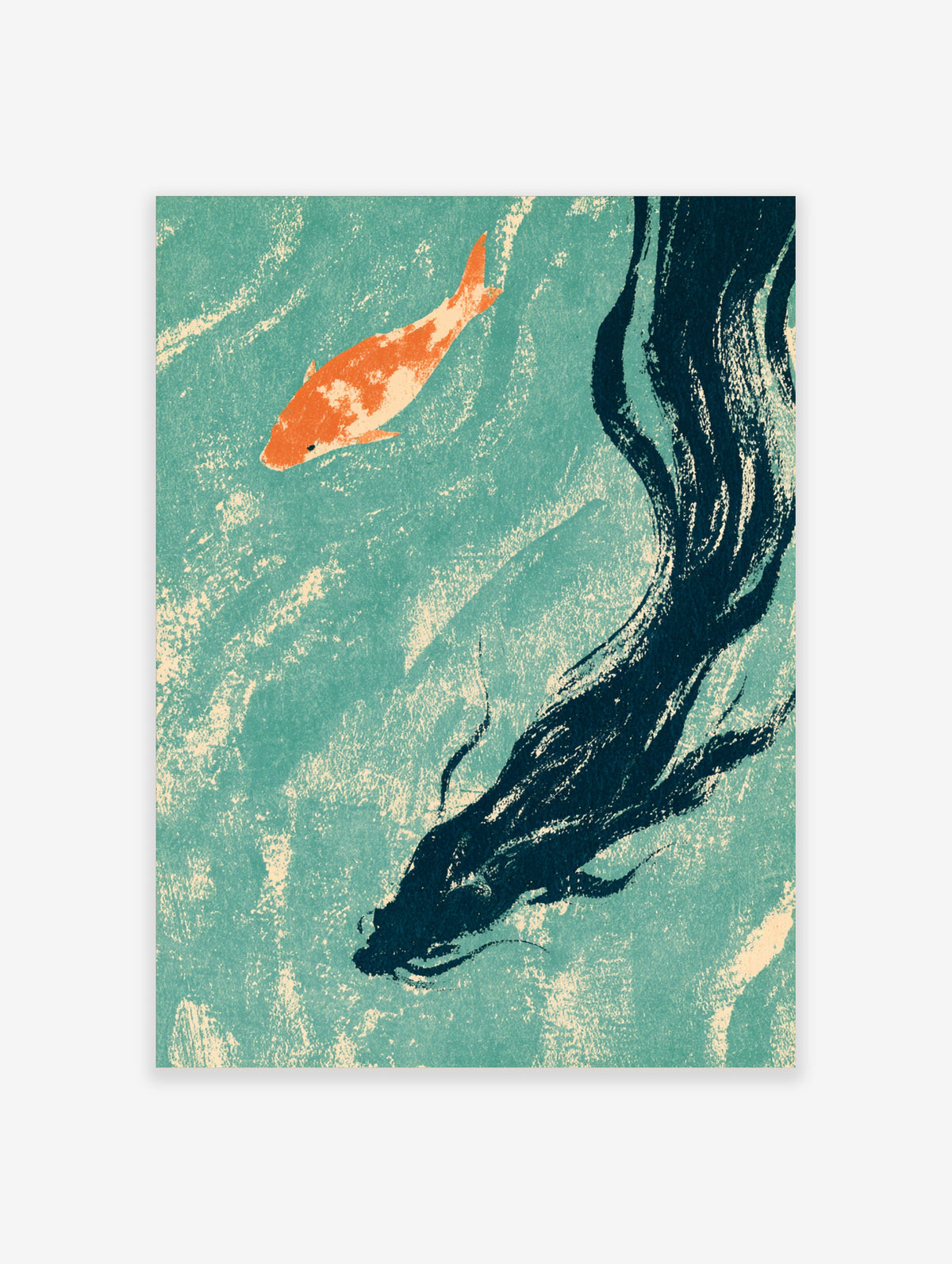 Orange koi fish and dark ink brushstroke art print on teal textured background