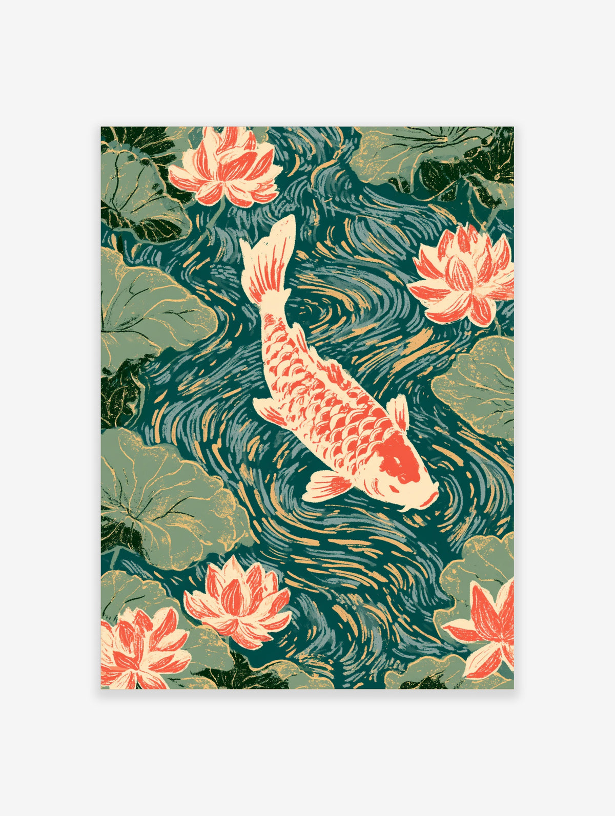 Koi fish swimming in a pond with lotus flowers and lily pads, Japanese-style illustration in teal, green and red