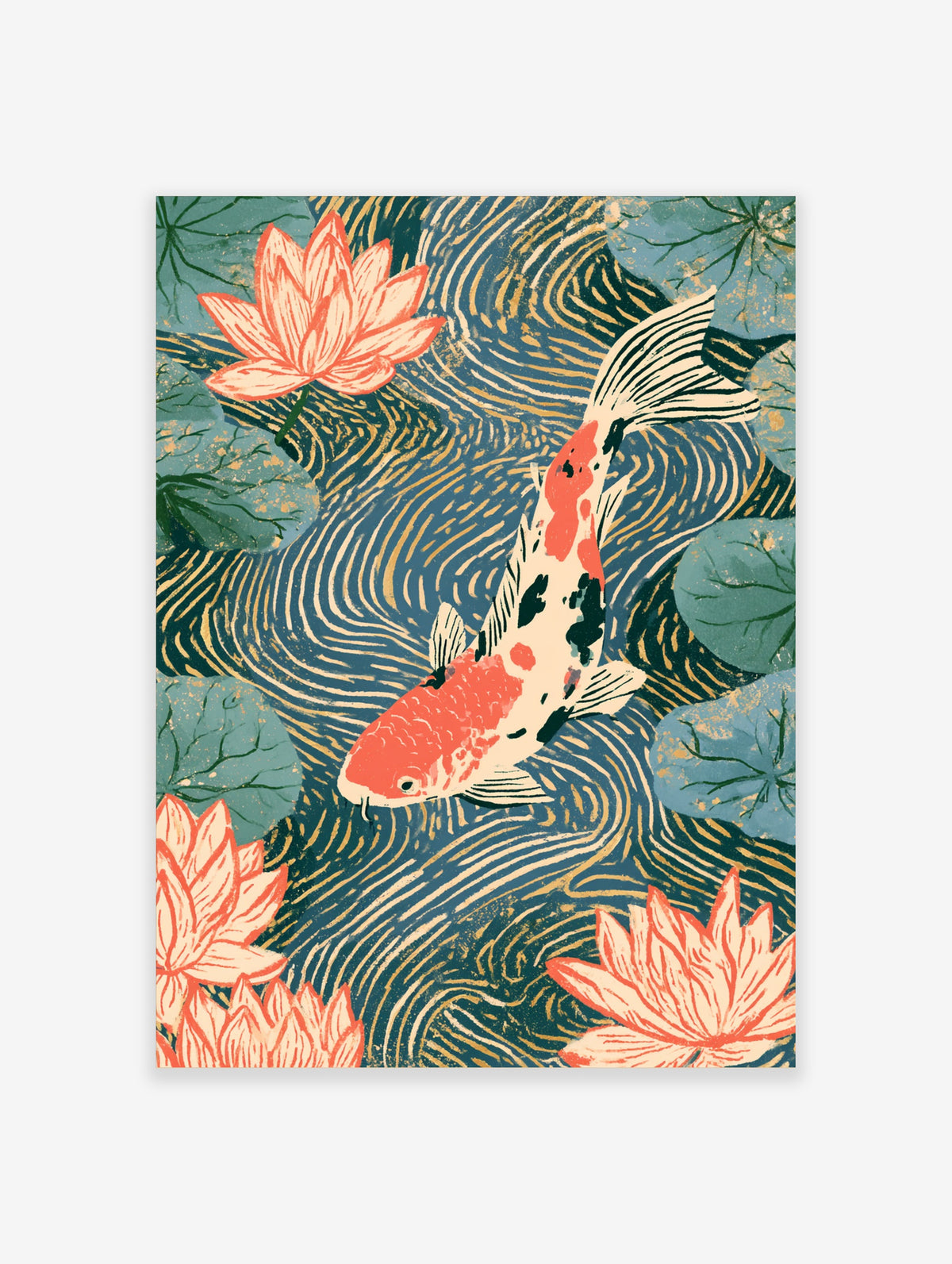 Koi fish swimming among pink lotus flowers and green lily pads on blue and gold water pattern