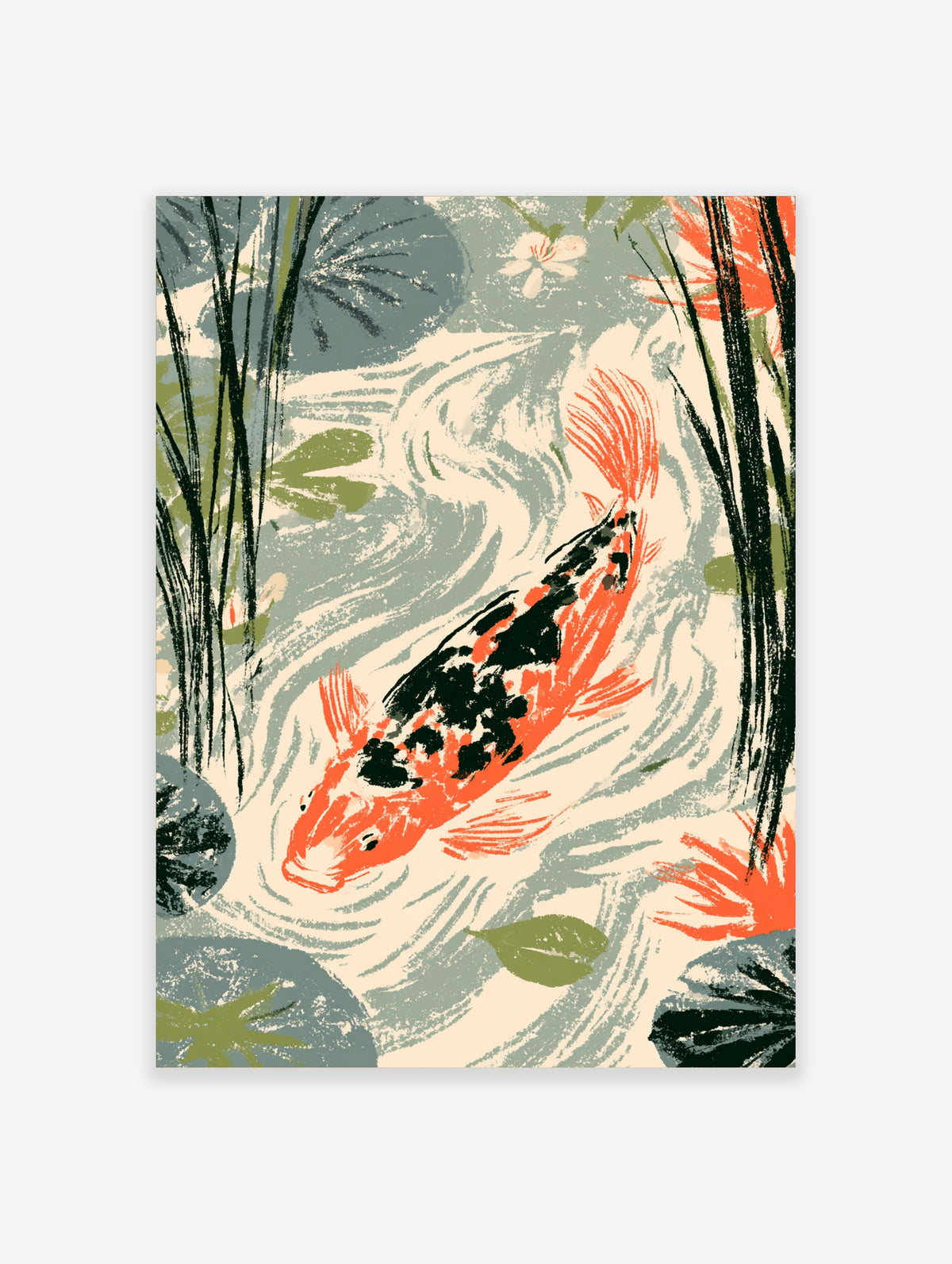 Orange and black koi fish swimming in a Japanese pond with reeds and lily pads art print