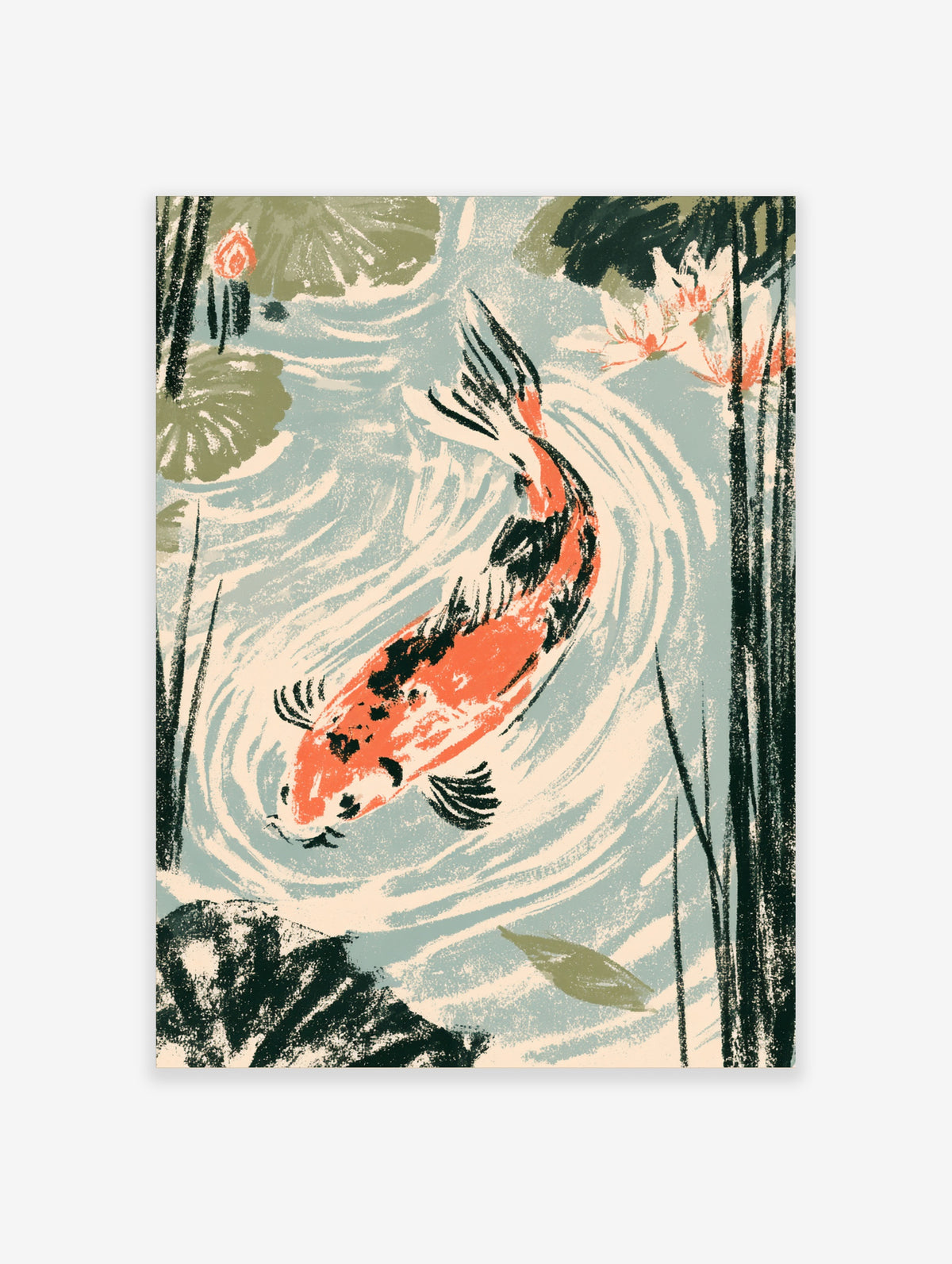 Koi fish swimming in a pond with lily pads and white blossoms, Japanese-style art print