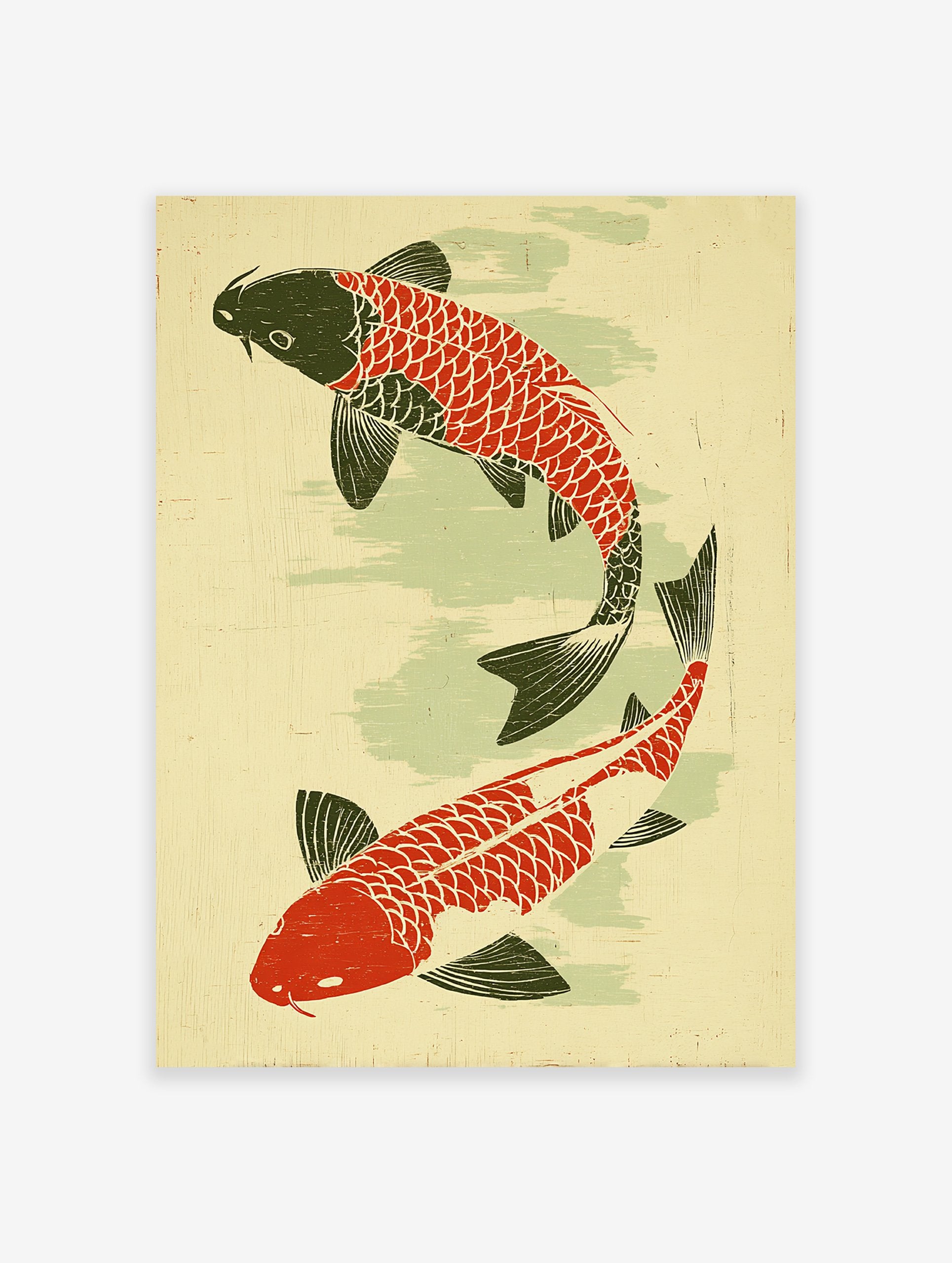 Japanese Koi Fish Poster featuring two red and black carp swimming on a pale green and yellow textured background.