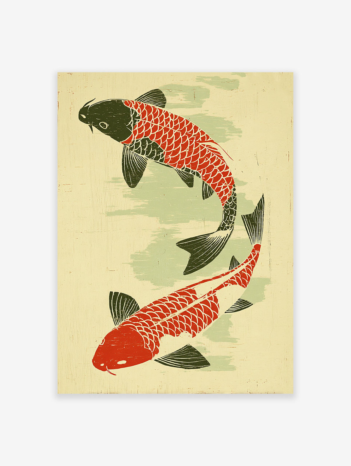 Japanese Koi Fish Poster featuring two red and black carp swimming on a pale green and yellow textured background.