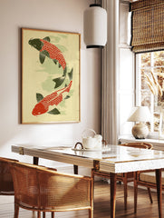 Japanese Koi Fish Poster featuring two red and black carp swimming on a pale green and yellow textured background. - Image 2