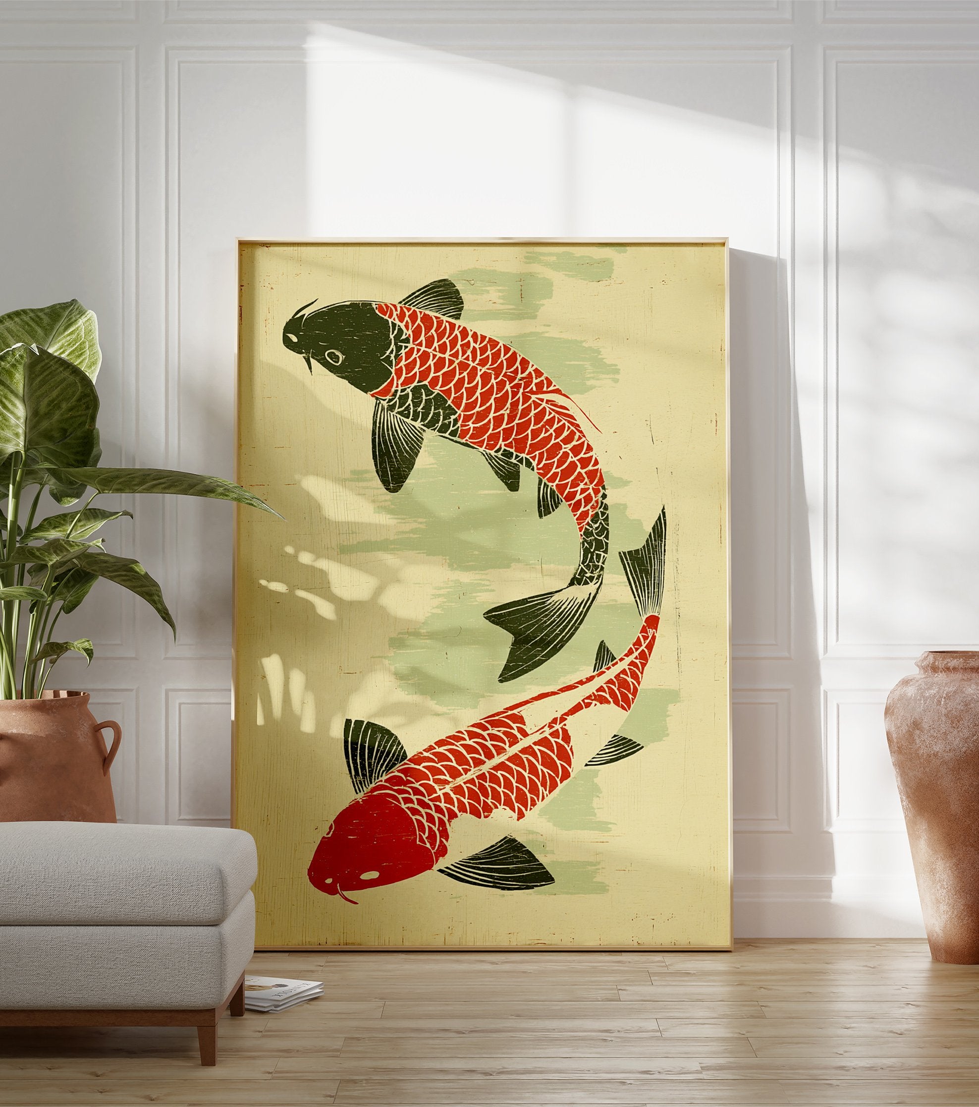 Japanese Koi Fish Poster featuring two red and black carp swimming on a pale green and yellow textured background. - Image 3