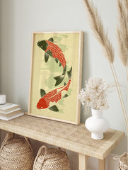 Japanese Koi Fish Poster featuring two red and black carp swimming on a pale green and yellow textured background. - Image 4